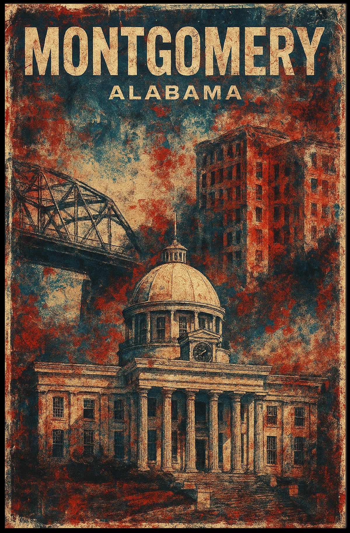Montgomery Alabama Historic Cityscape Travel Illustration Vintage Architectural Heritage Nostalgic Warm Color Poster