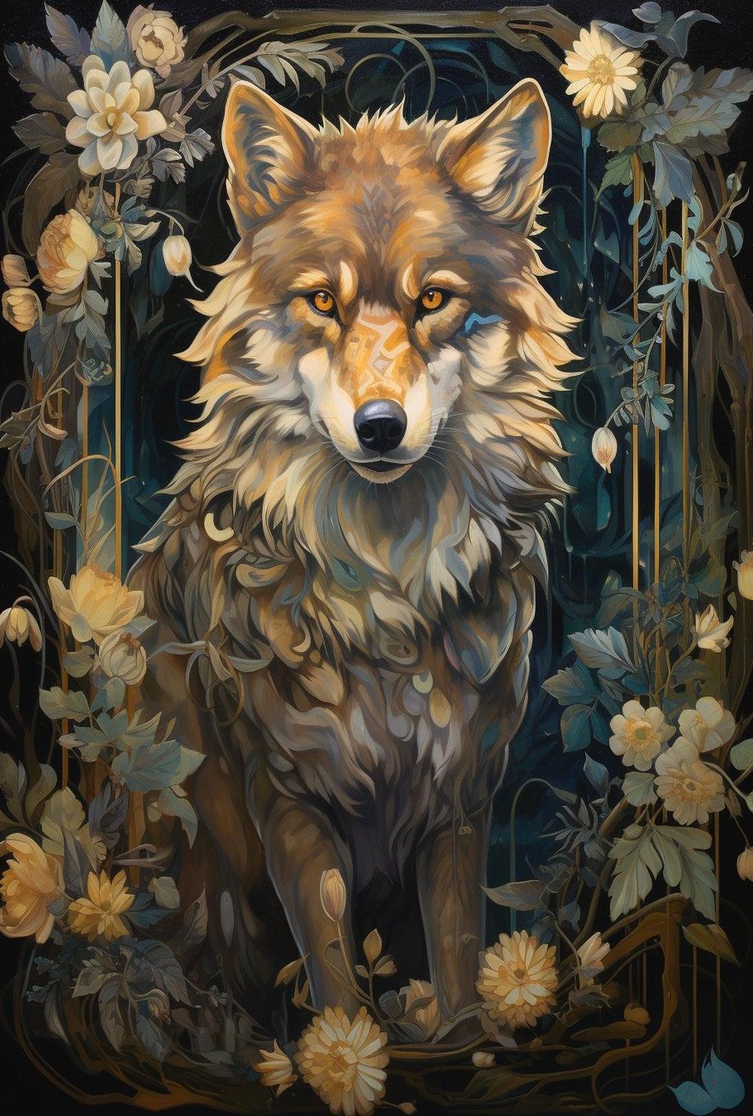 Majestic Wolf with Flowers Art Nouveau Animal Poster