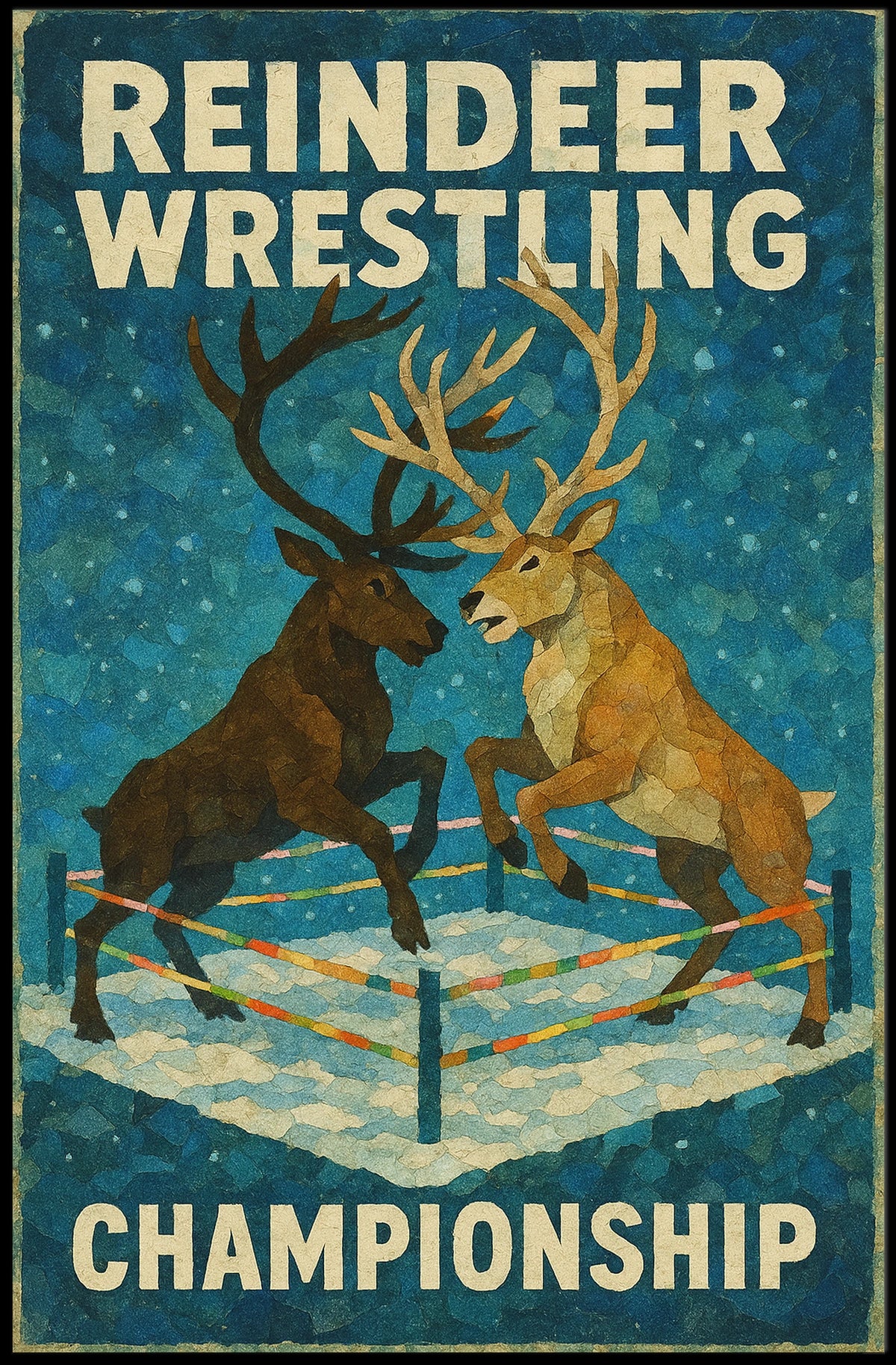 The poster titled "Reindeer Wrestling Championship" depicts an imaginative and playful scene featuring Travel Poster