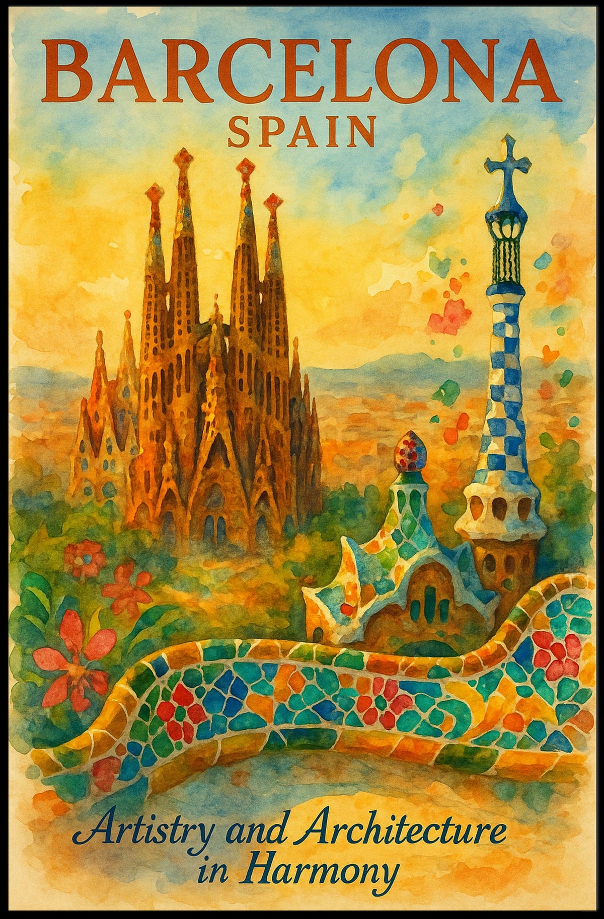 Barcelona Art Poster: Sagrada Famรญlia and Park Gรผell