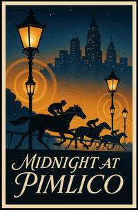 Midnight Horse Racing Action at Art Deco Skyline Sports Poster