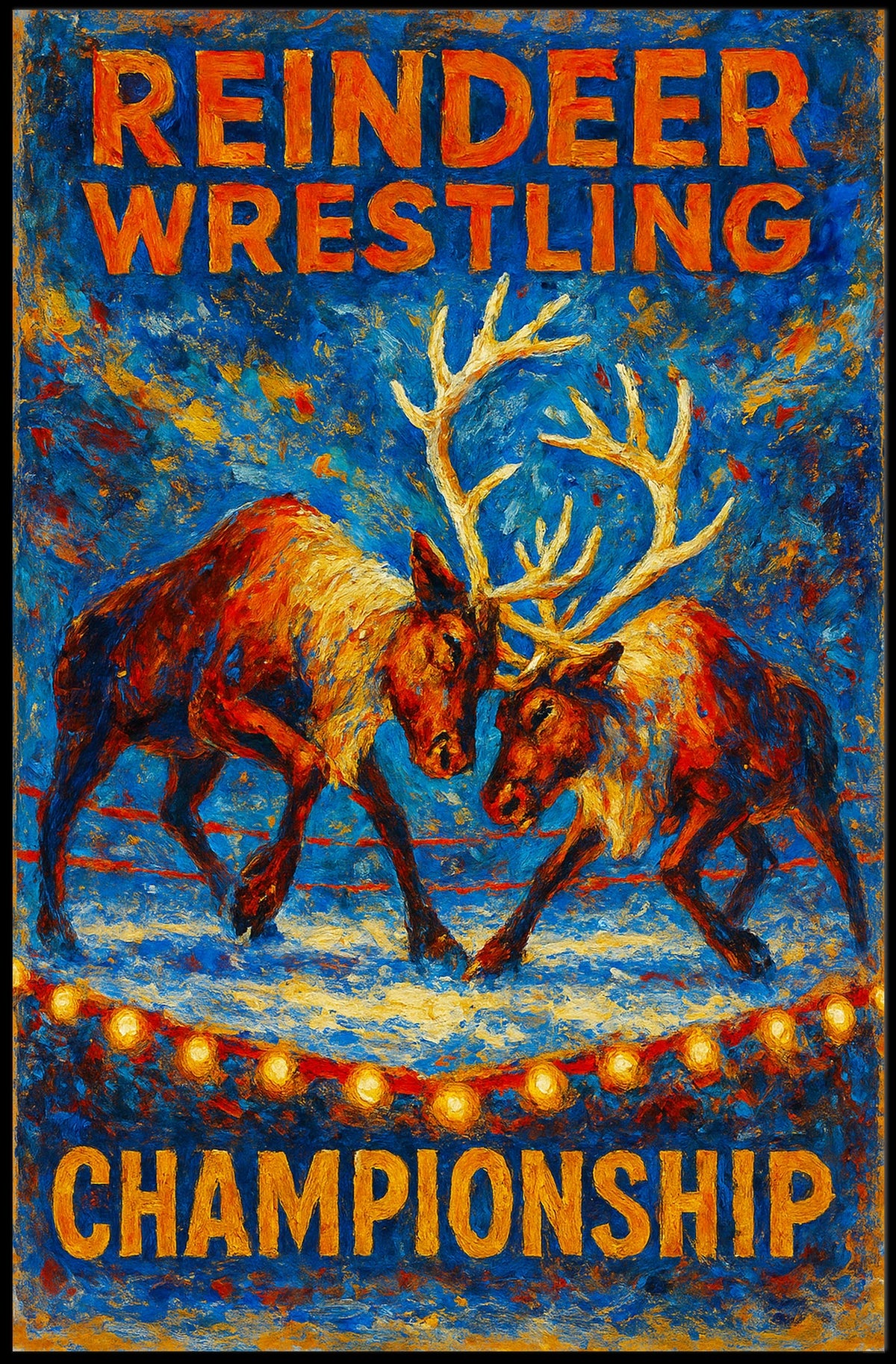 Reindeer Wrestling Championship Artistic Poster: Bold & Whimsical