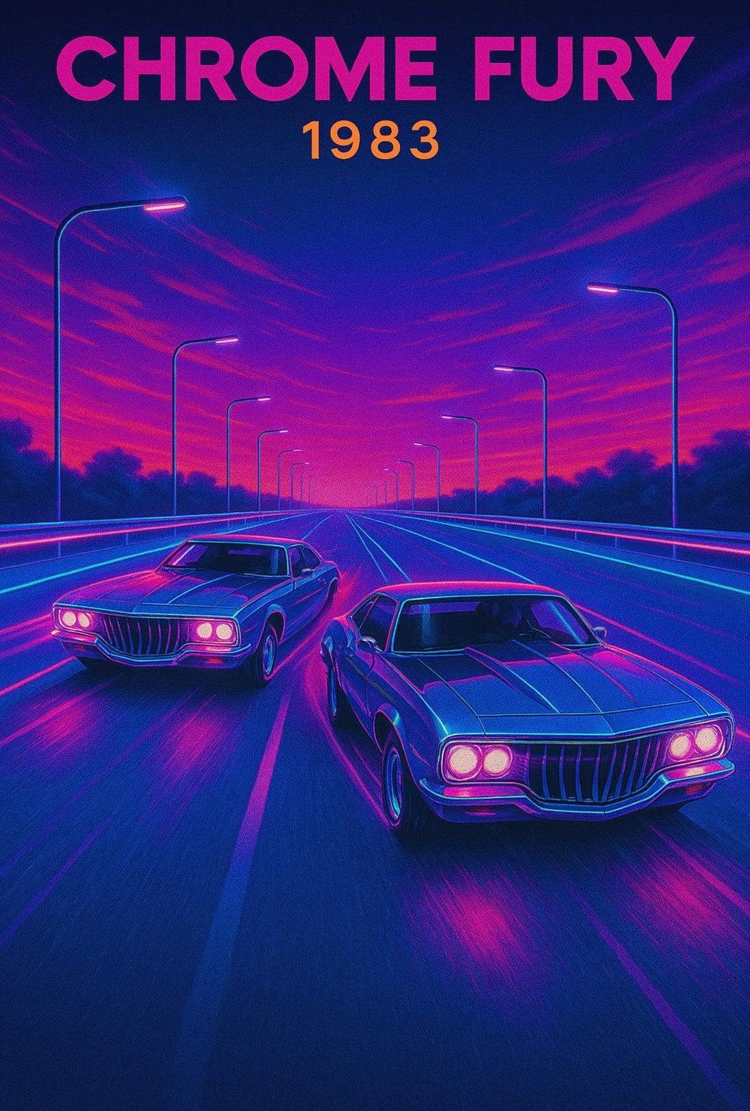 CHROME FURY Retro Muscle Cars Futuristic Sci-Fi Poster