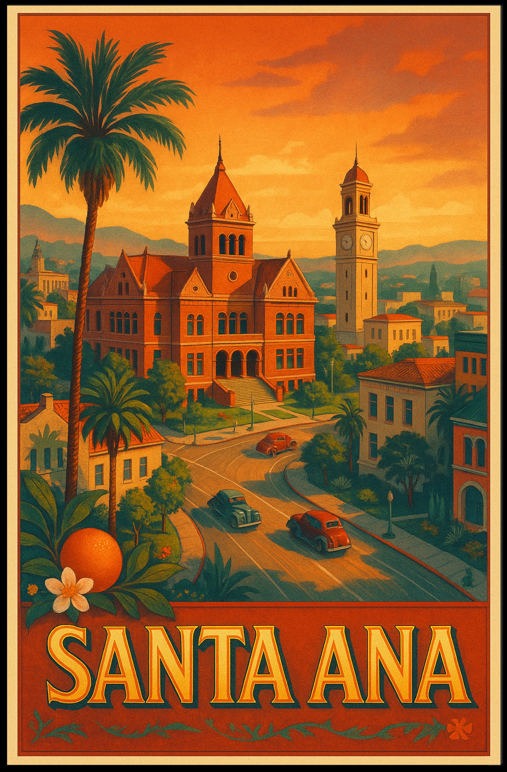 Santa Ana Mid-Century Cityscape Vintage Travel Poster