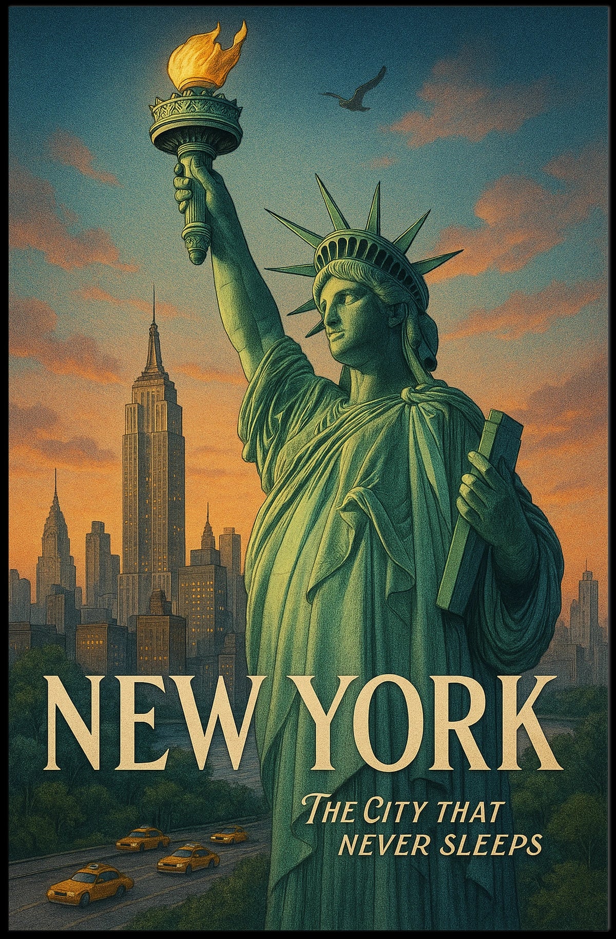 New York Statue of Liberty City Poster Vintage Wall Art
