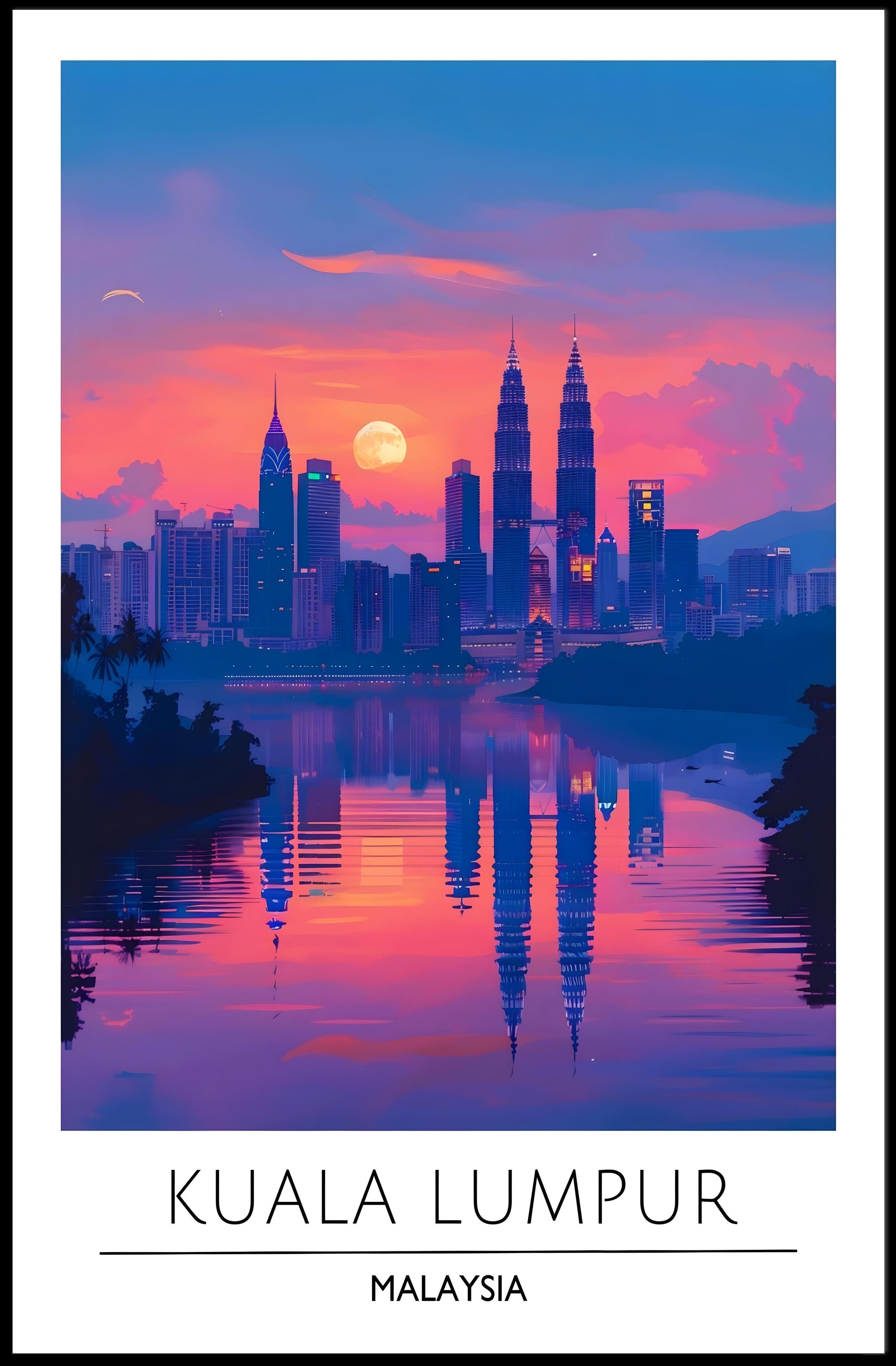 Kuala Lumpur skyline art with sunset urban cityscape poster
