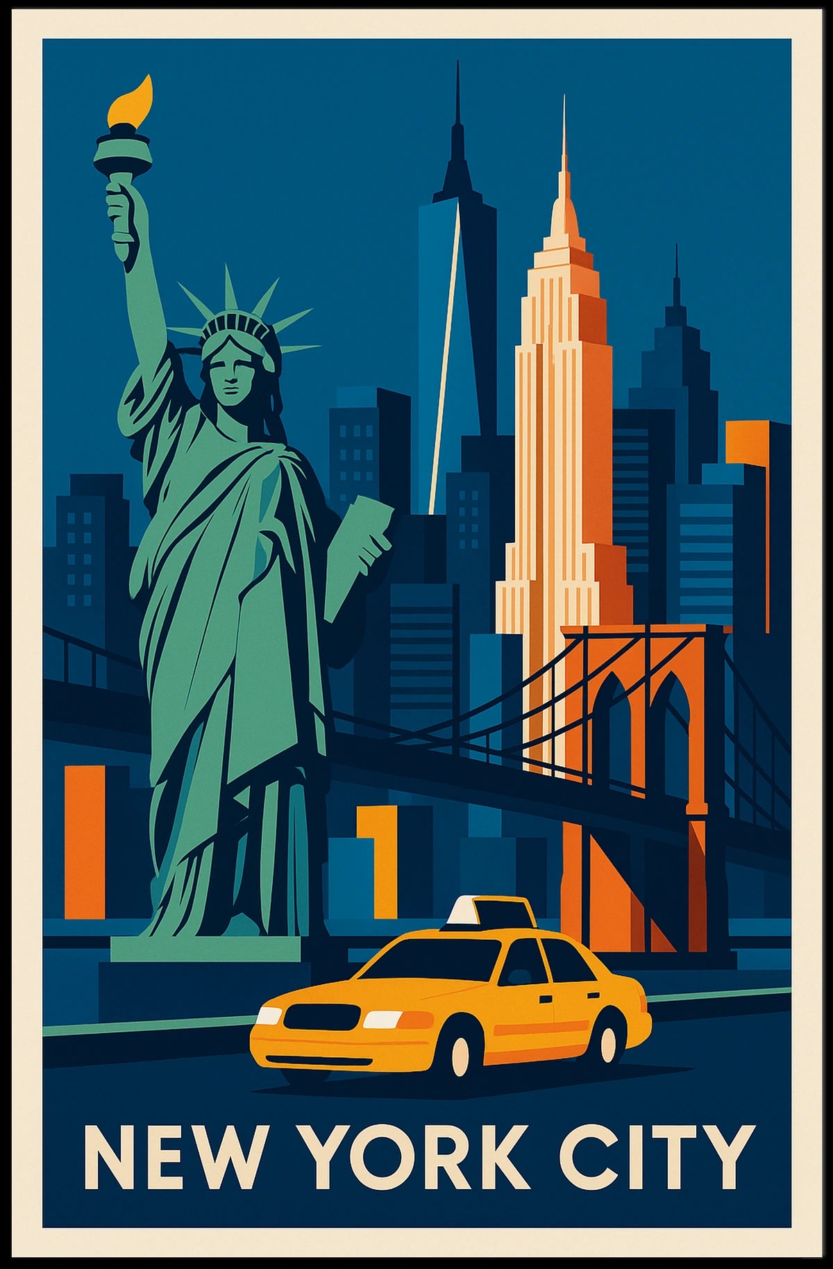 New York City Iconic Landmarks Poster Retro Wall Art