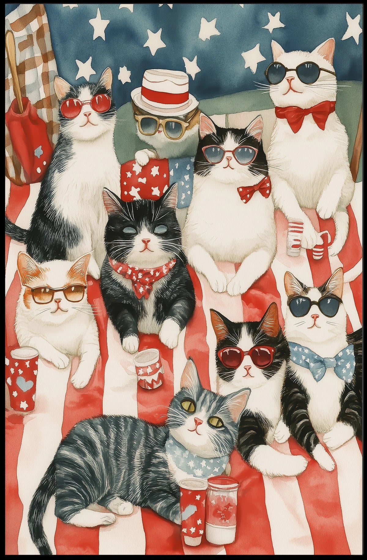 Colorful Patriotic Cats On Picnic Blanket Art Poster