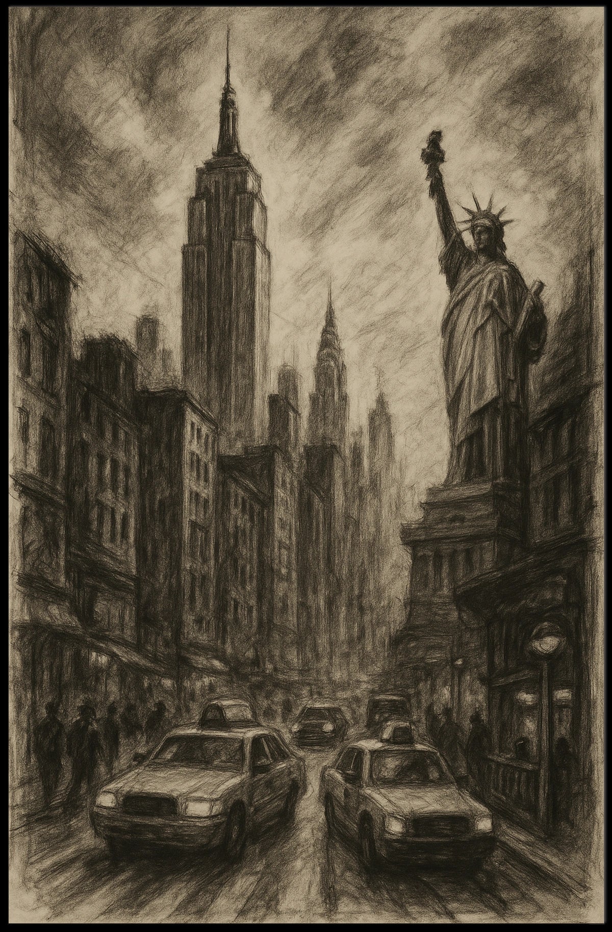 New York City Poster Vintage Cityscape Landmarks Wall Art