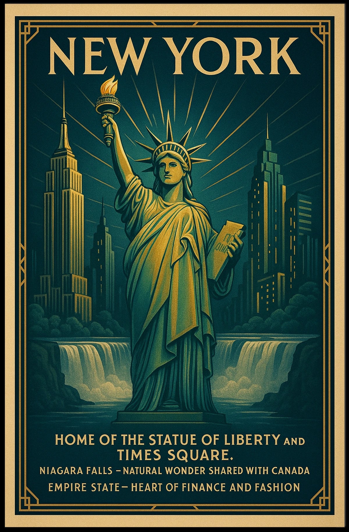 New York City Skyline And Landmarks Poster Vintage Wall Art