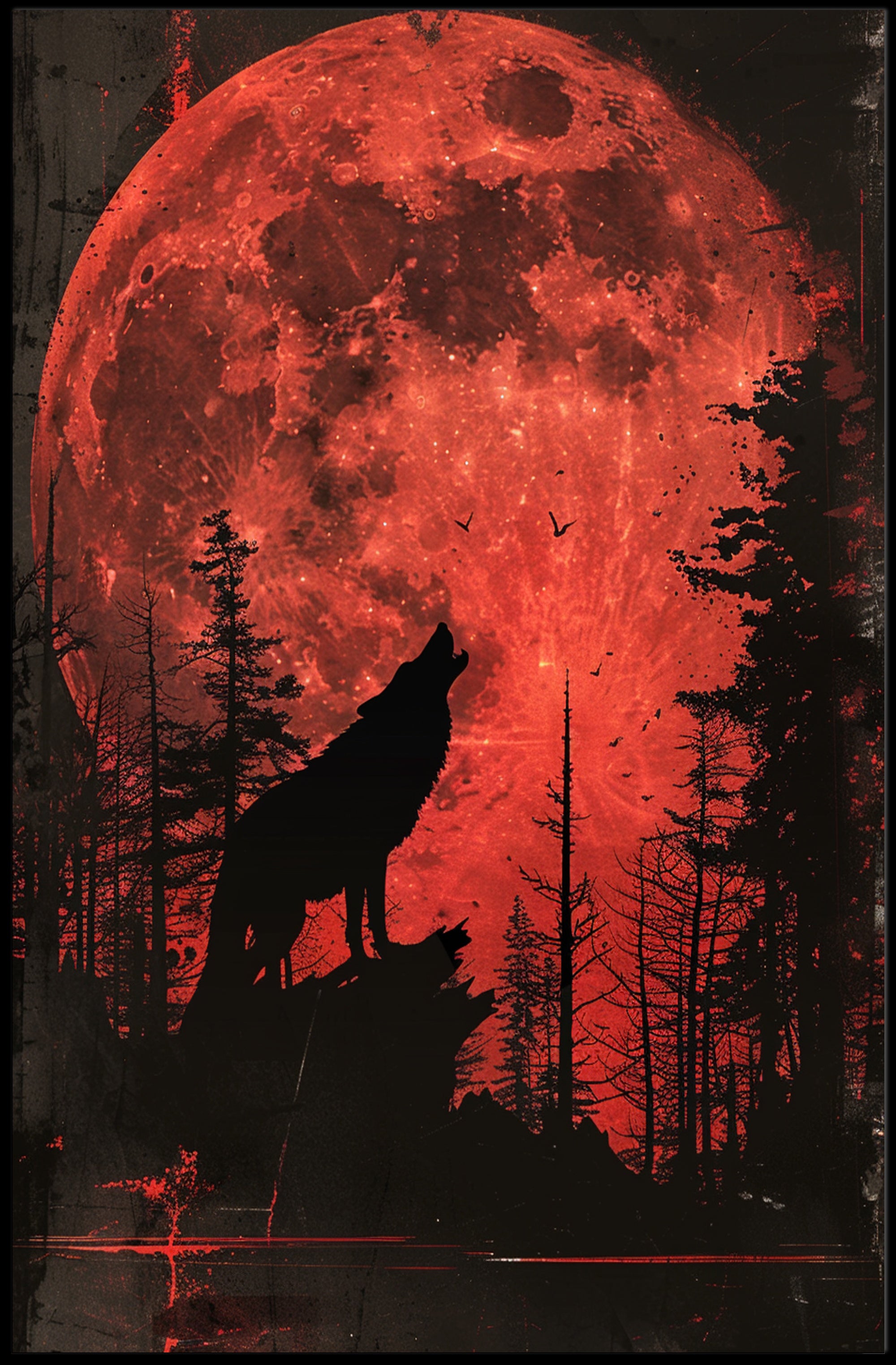 Wolf Howling Under Red Moon Fantasy Poster PosterGoat