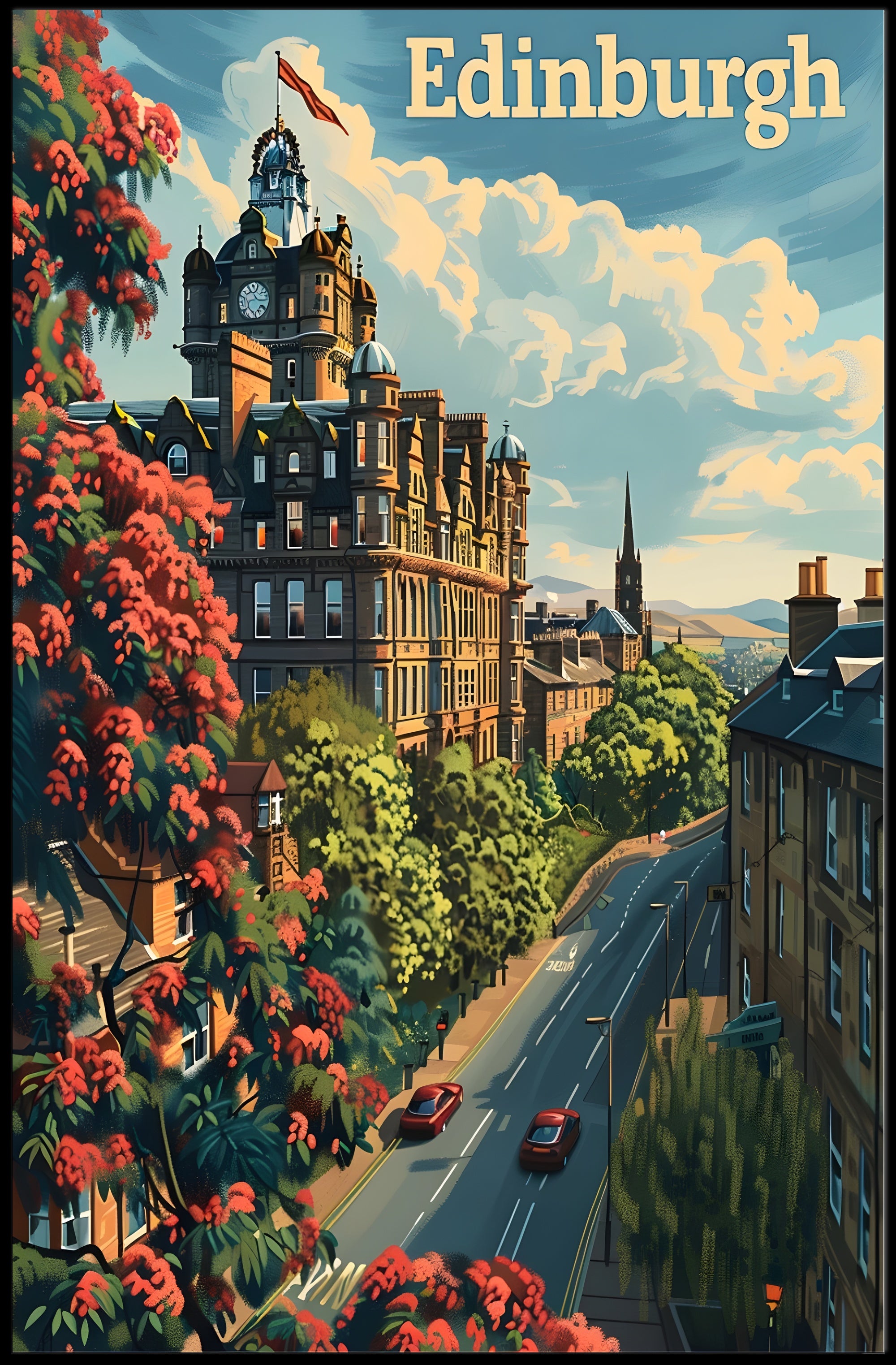 Edinburgh Cityscape Vintage Style Travel Poster