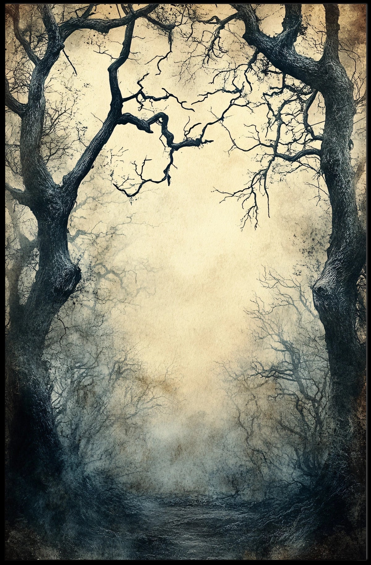 Enchanted Gnarled Trees in Misty Forest - Artistic Poster