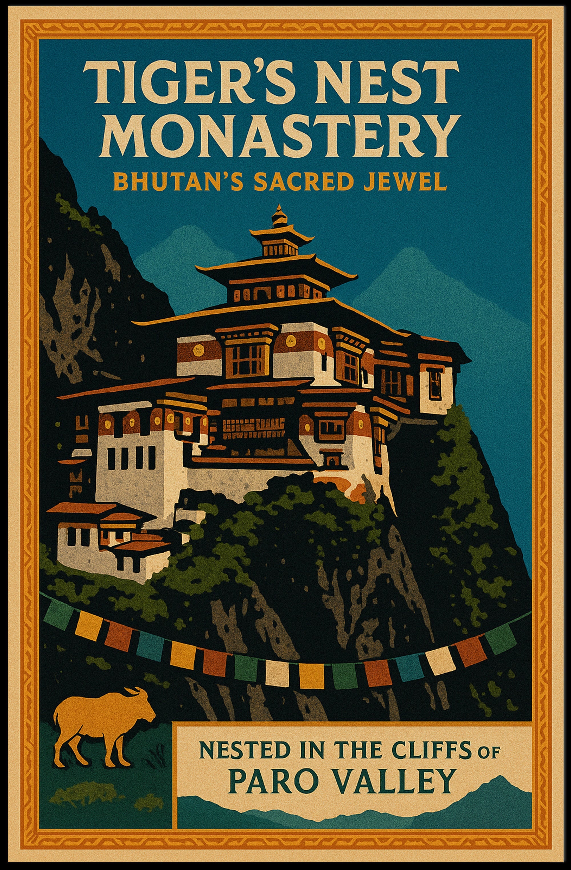 Tigers Nest Monastery Poster Vintage Travel Print