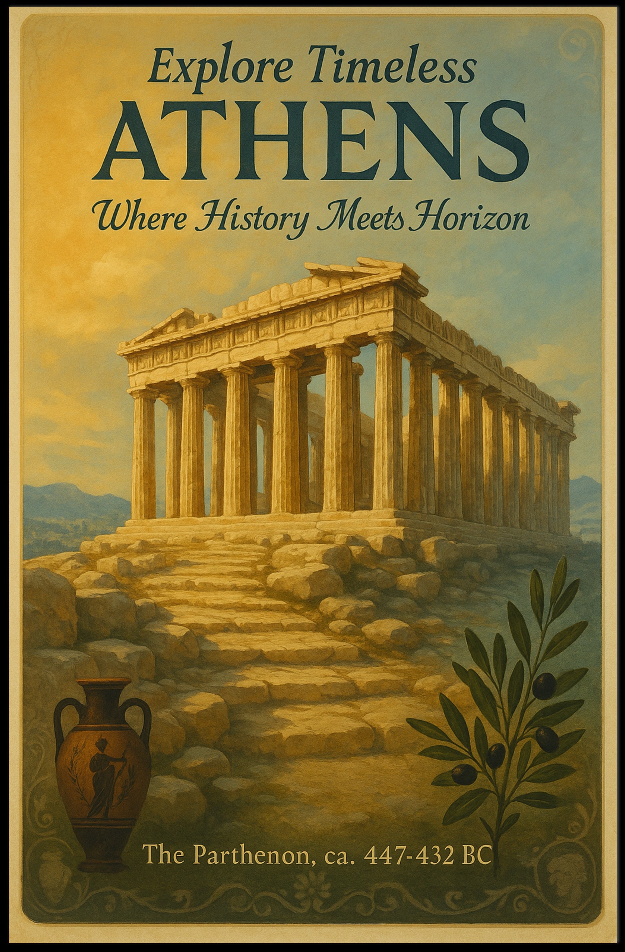 Parthenon Vintage Athens Travel Art Poster
