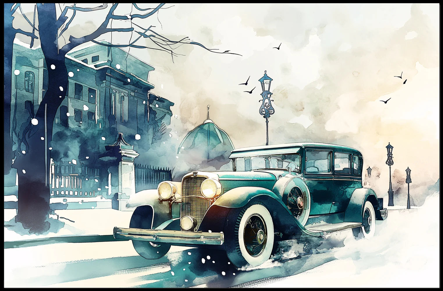 Vintage Winter Car Scene: Nostalgic Urban Elegance Poster