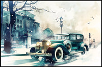 Vintage Winter Car Scene: Nostalgic Urban Elegance Poster