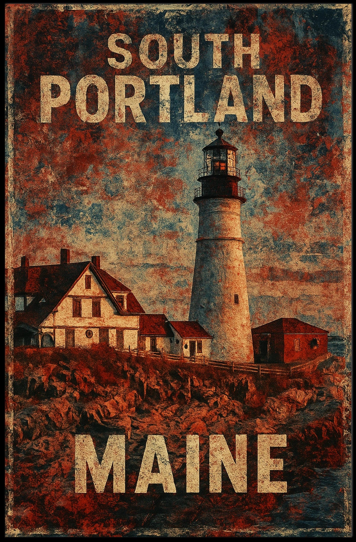 Nostalgic Maine Lighthouse Vintage Illustration Poster