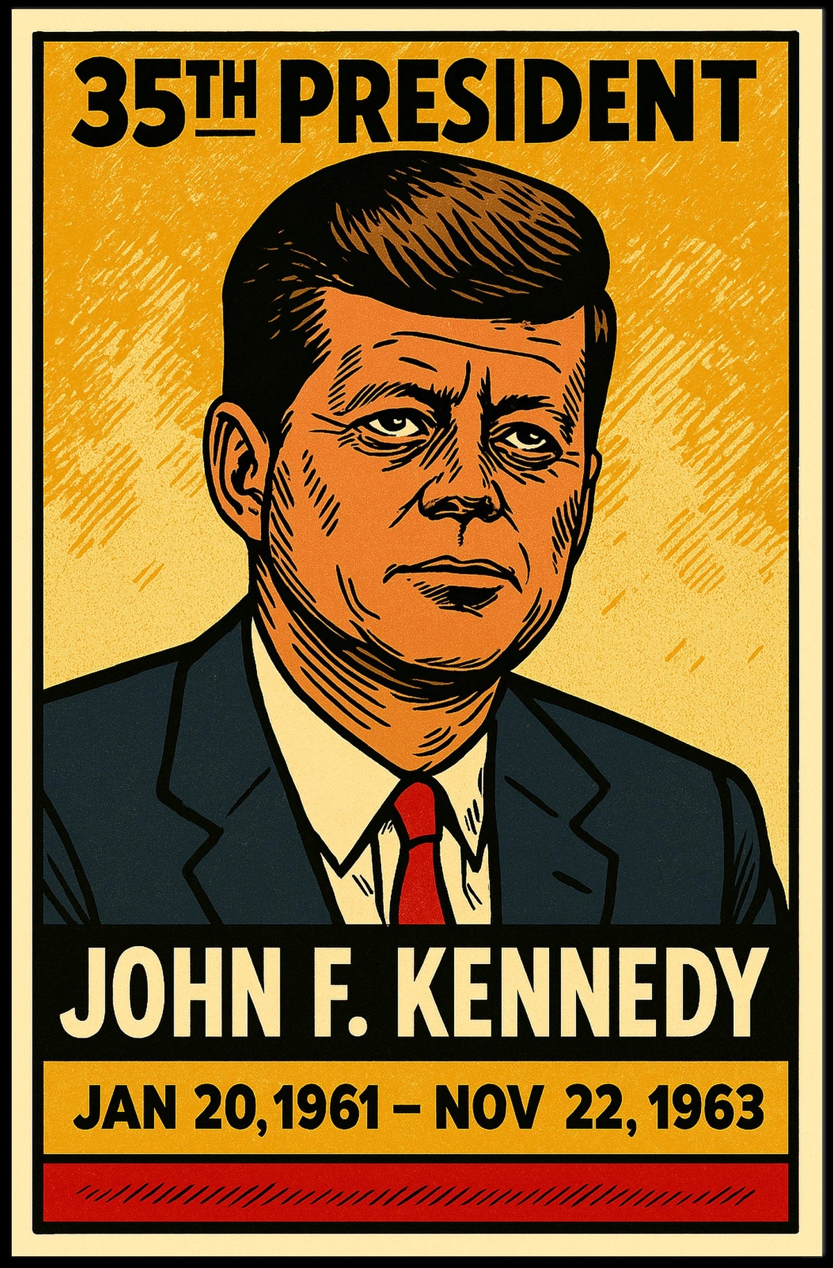 John F. Kennedy 35th President of the United States Inked Comic Style Poster