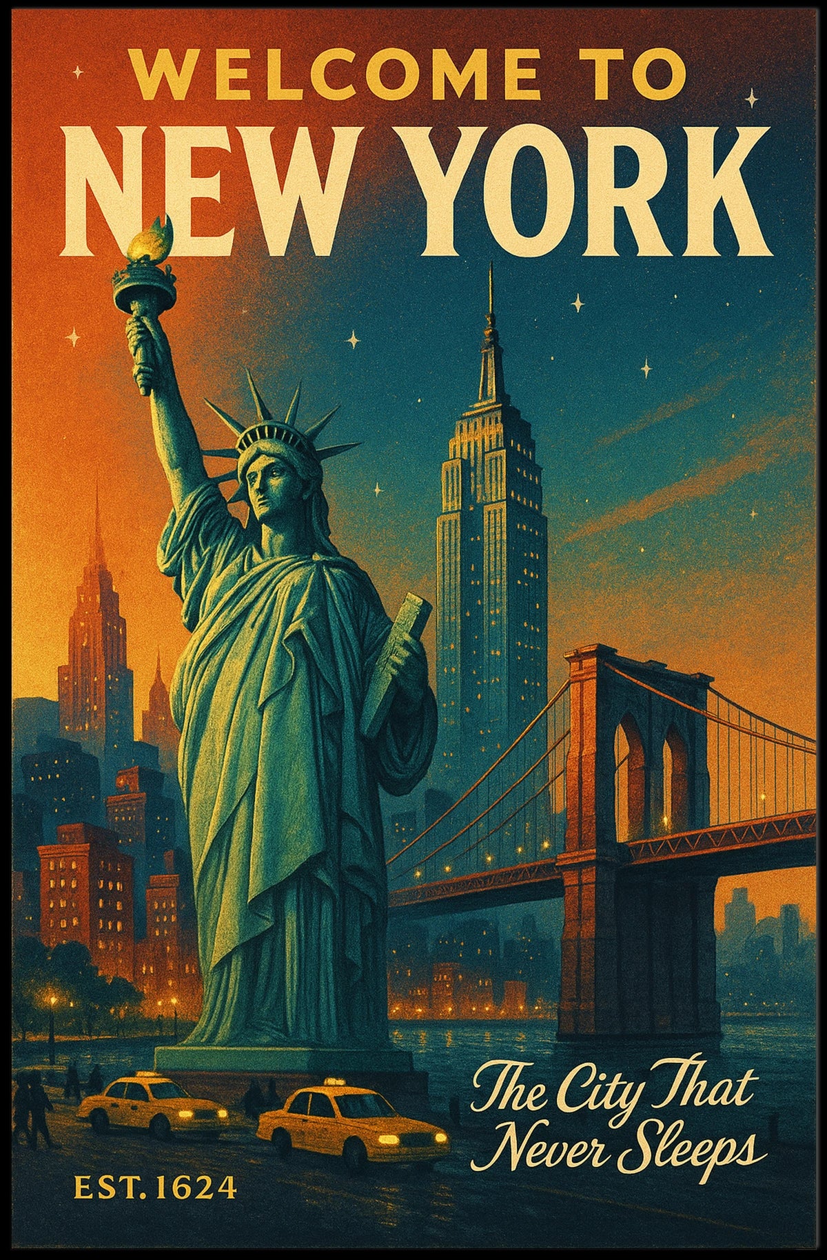 New York City Nightscape Urban Poster Vintage Wall Art