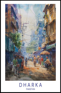 Vibrant Pakistani Urban Street Scene Watercolor Cityscape Poster PosterGoat