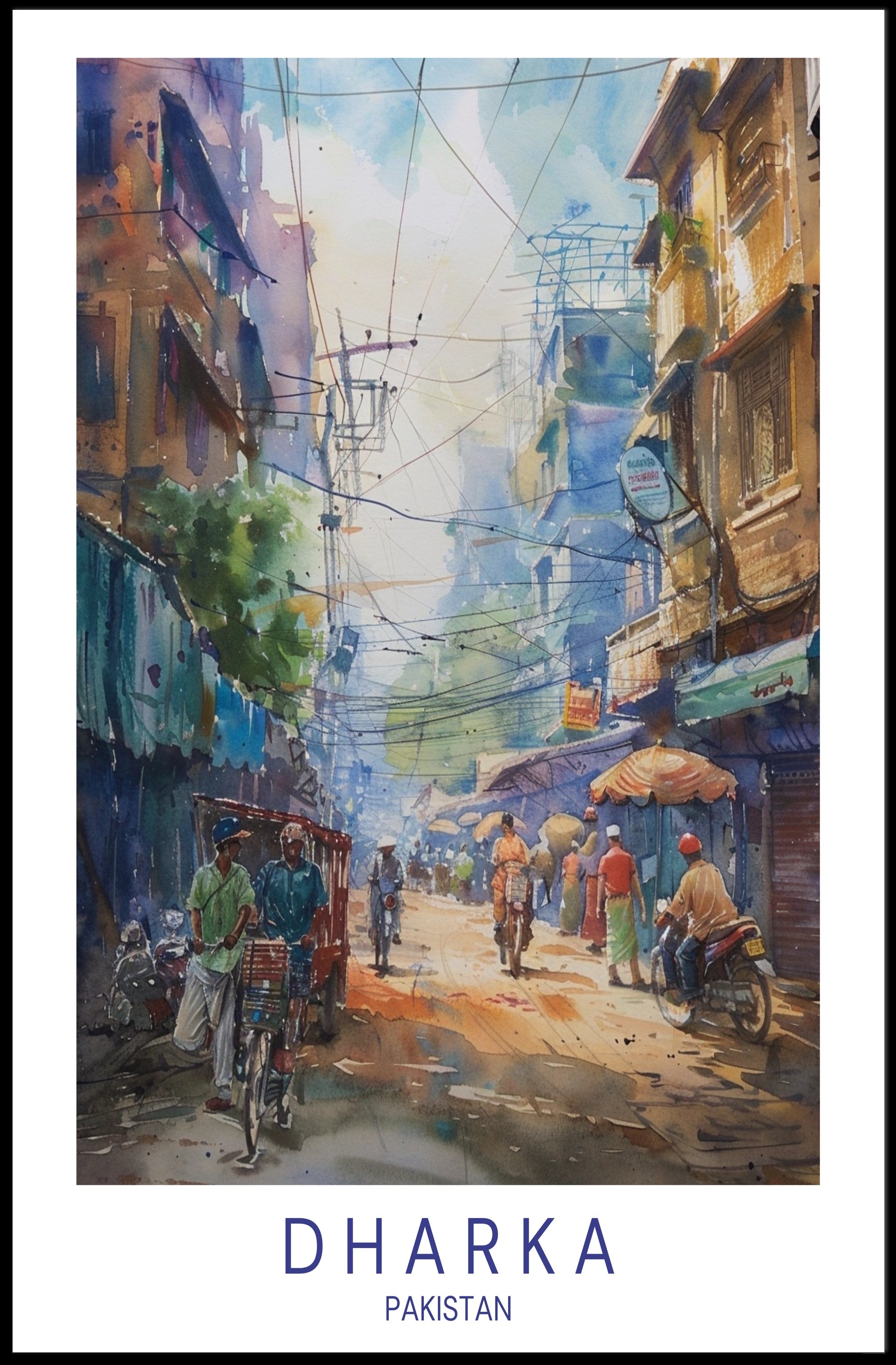 Vibrant Pakistani Urban Street Scene Watercolor Cityscape Poster PosterGoat