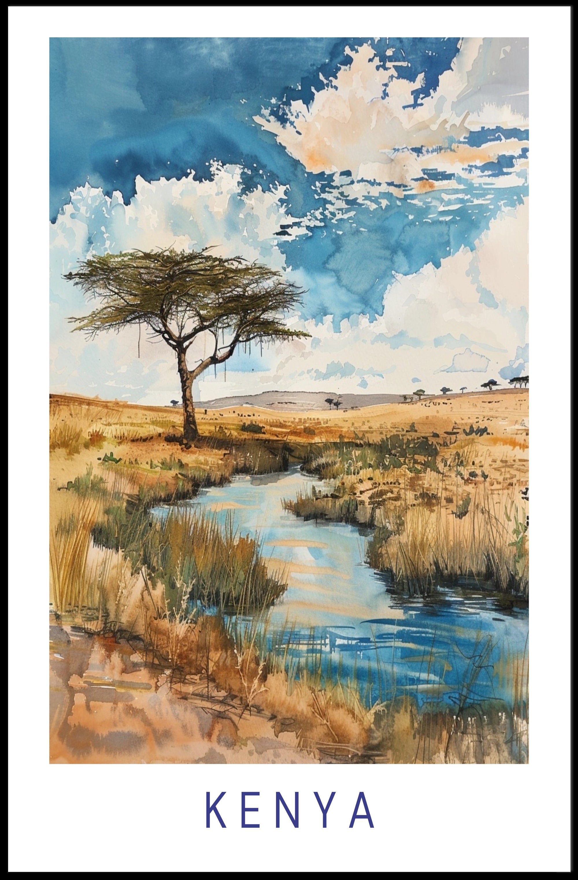 Kenya Savanna Watercolor Landscape Travel Poster PosterGoat