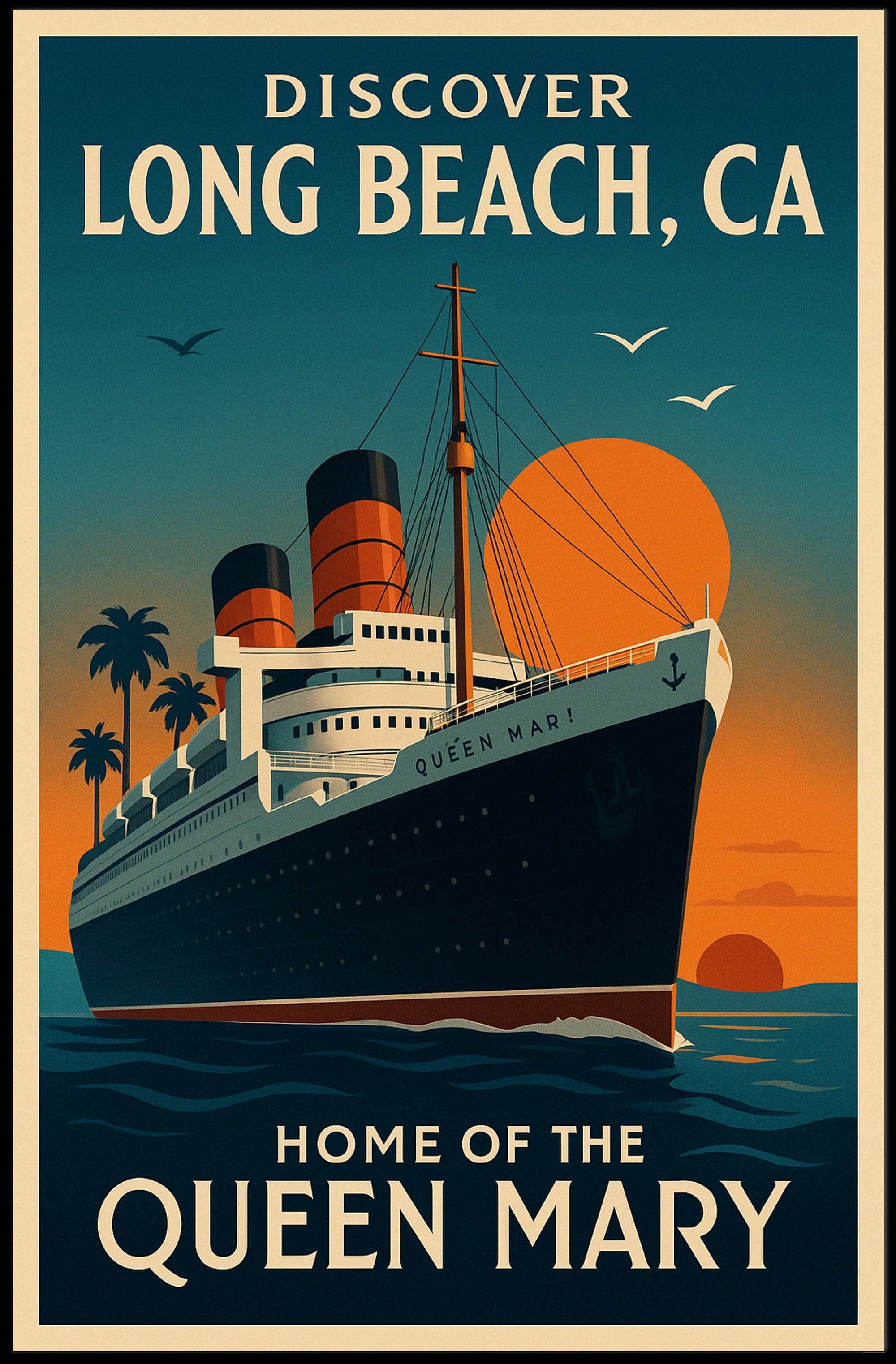 Long Beach Queen Mary Vintage Travel Poster