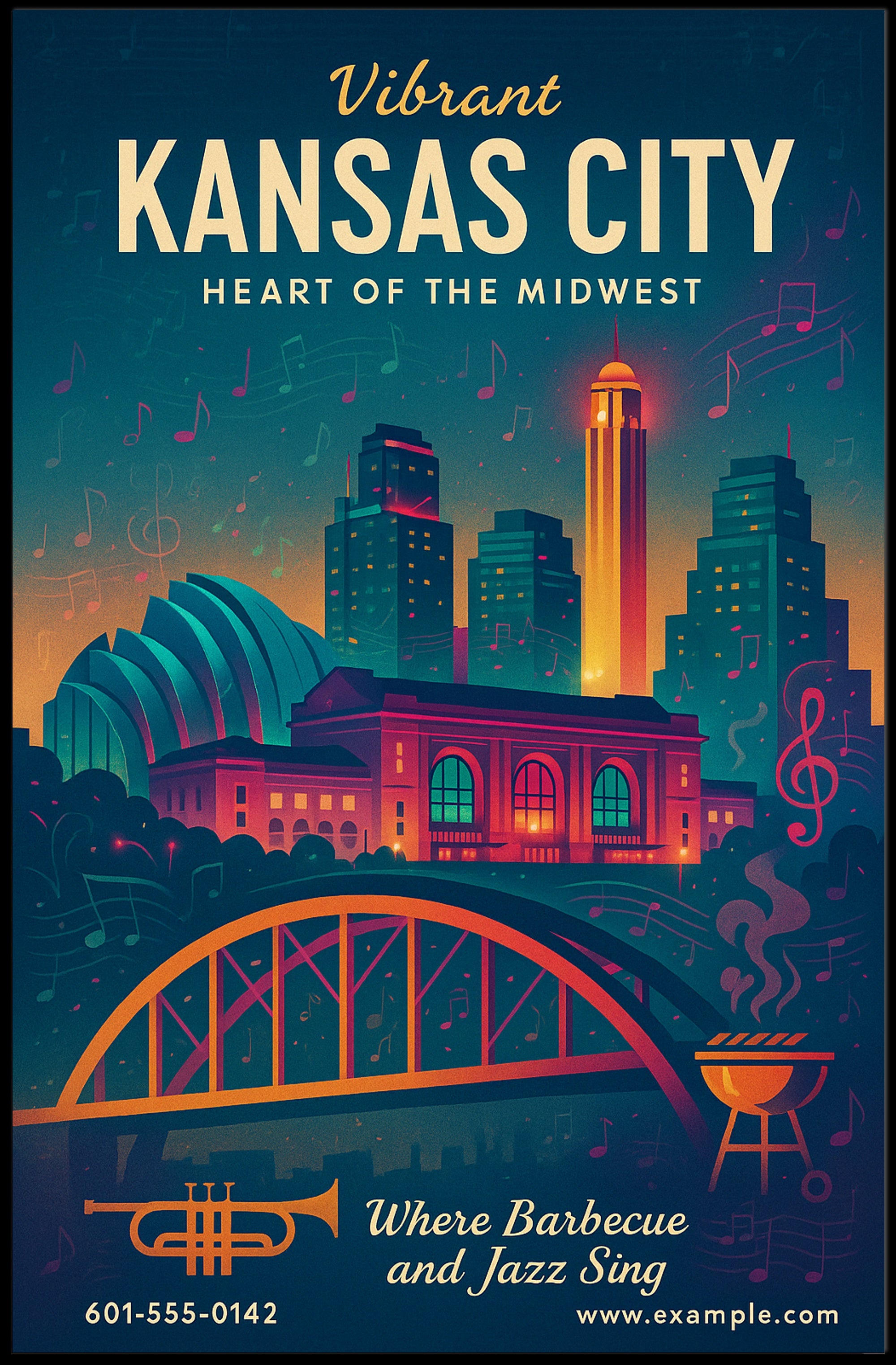Kansas City Jazz and BBQ Urban Cityscape Poster PosterGoat