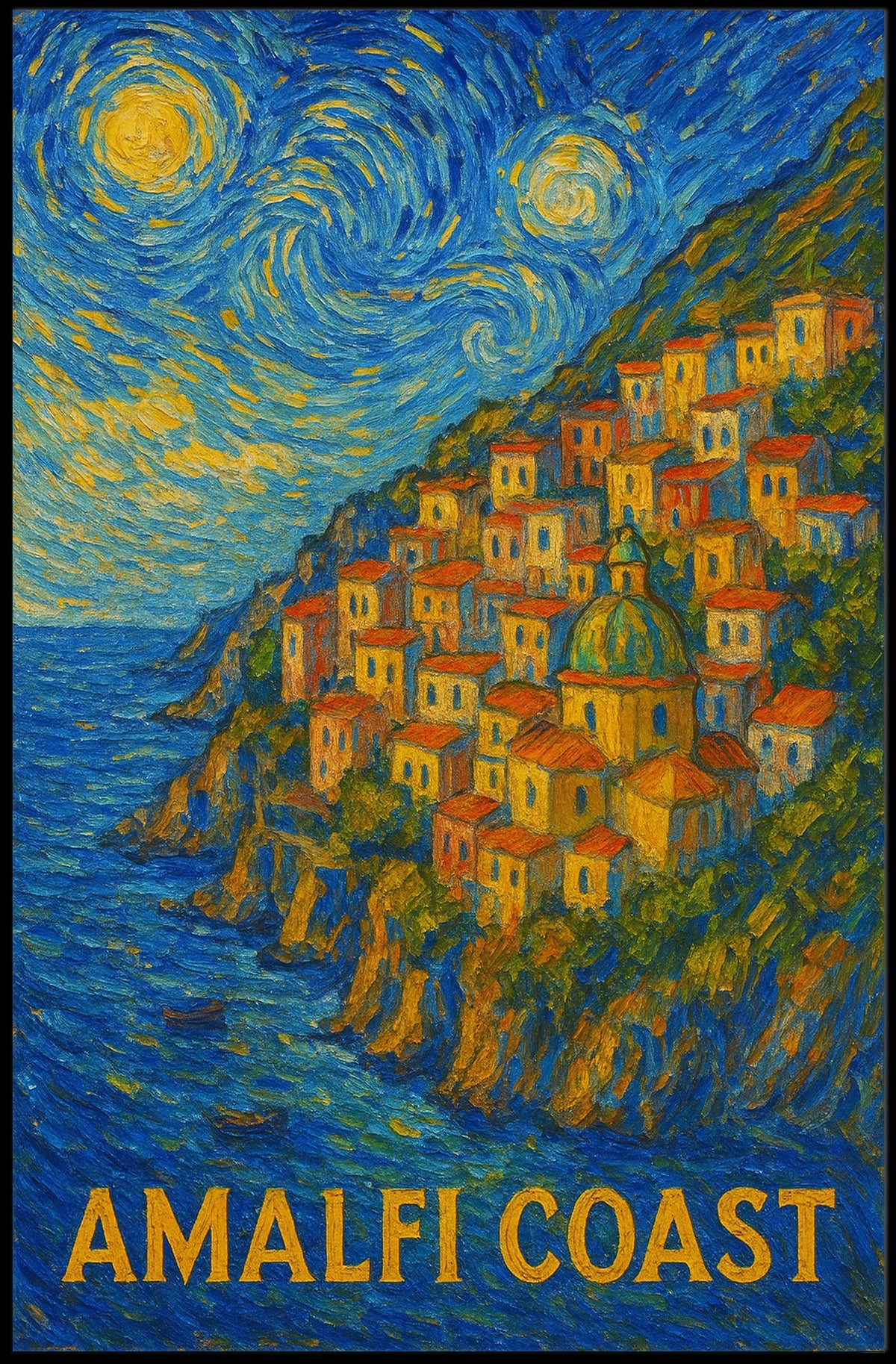 Amalfi Coast Starry Night Style Poster