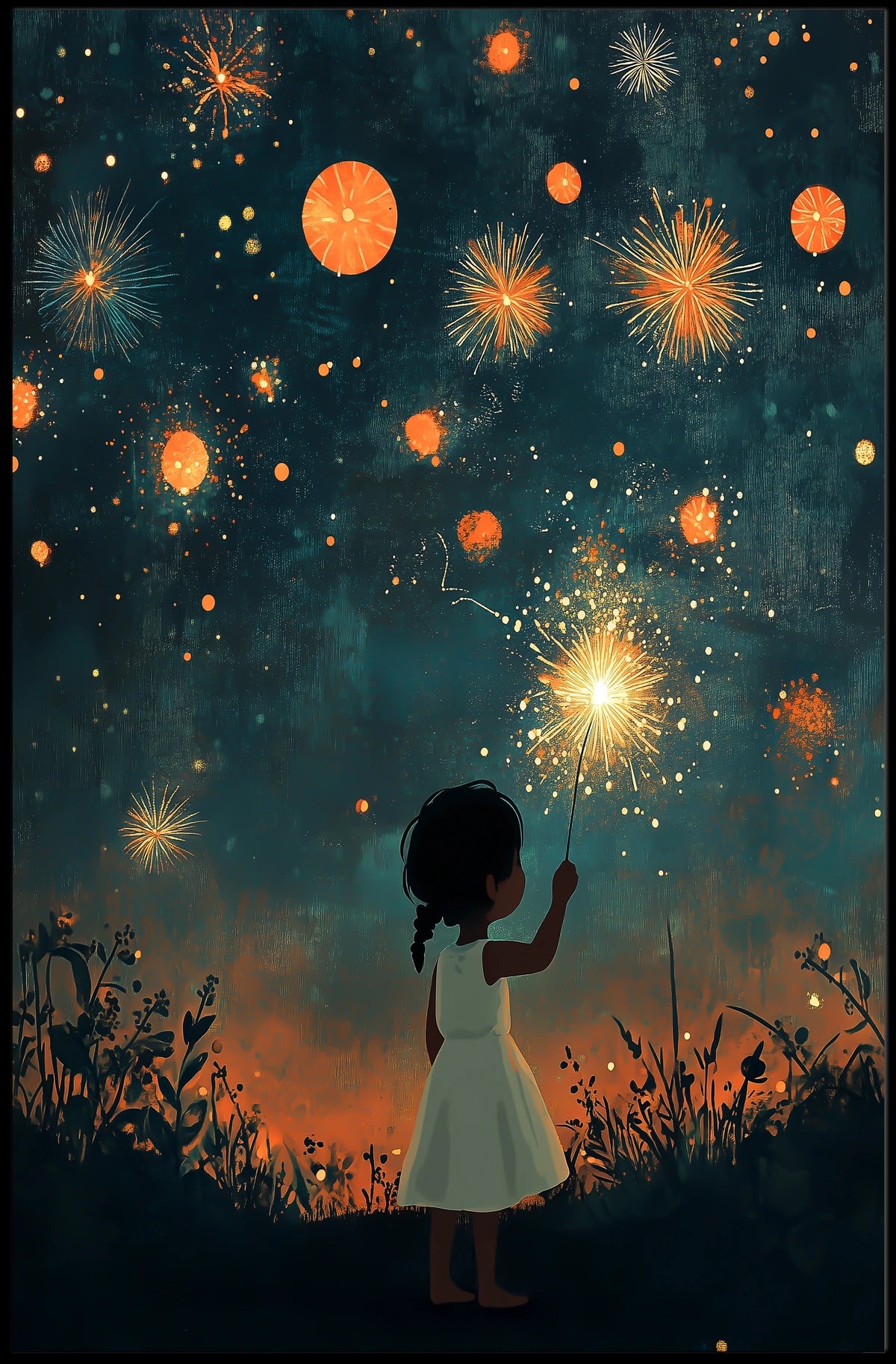 Child Holding Sparkler Under Night Sky Fireworks Poster