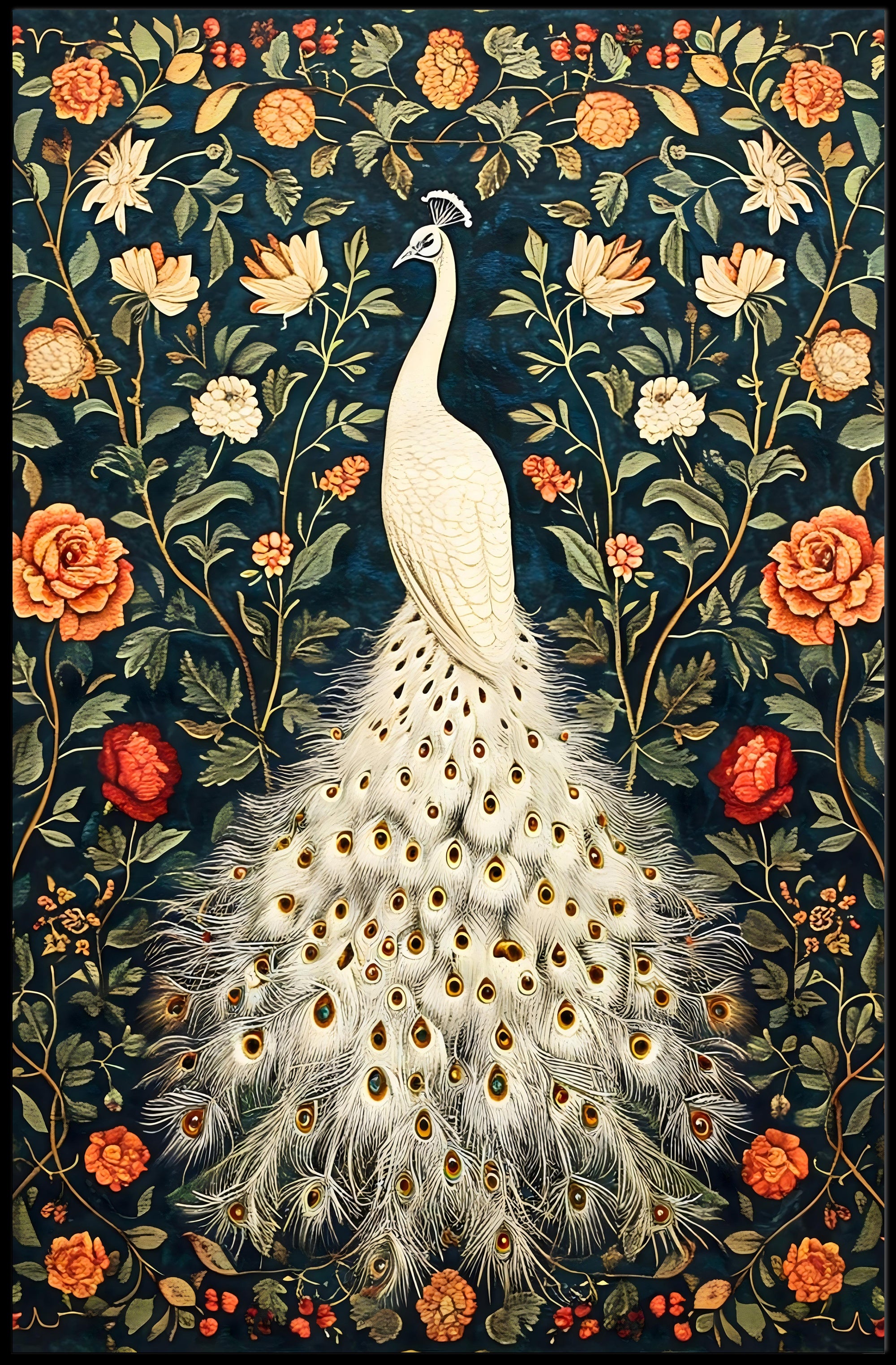 Exquisite White Peacock Among Floral Splendor - Artistic Poster
