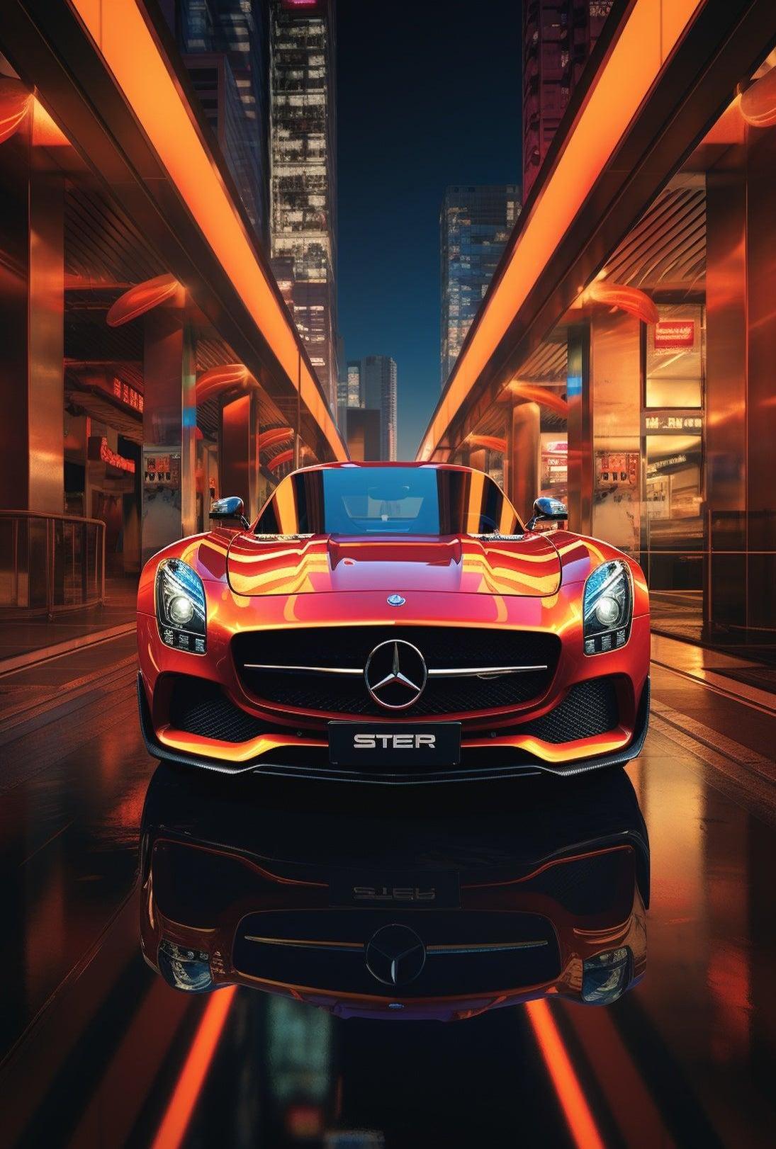 Luxury Sports Car in Vibrant Urban Night Futuristic Sci-Fi Poster