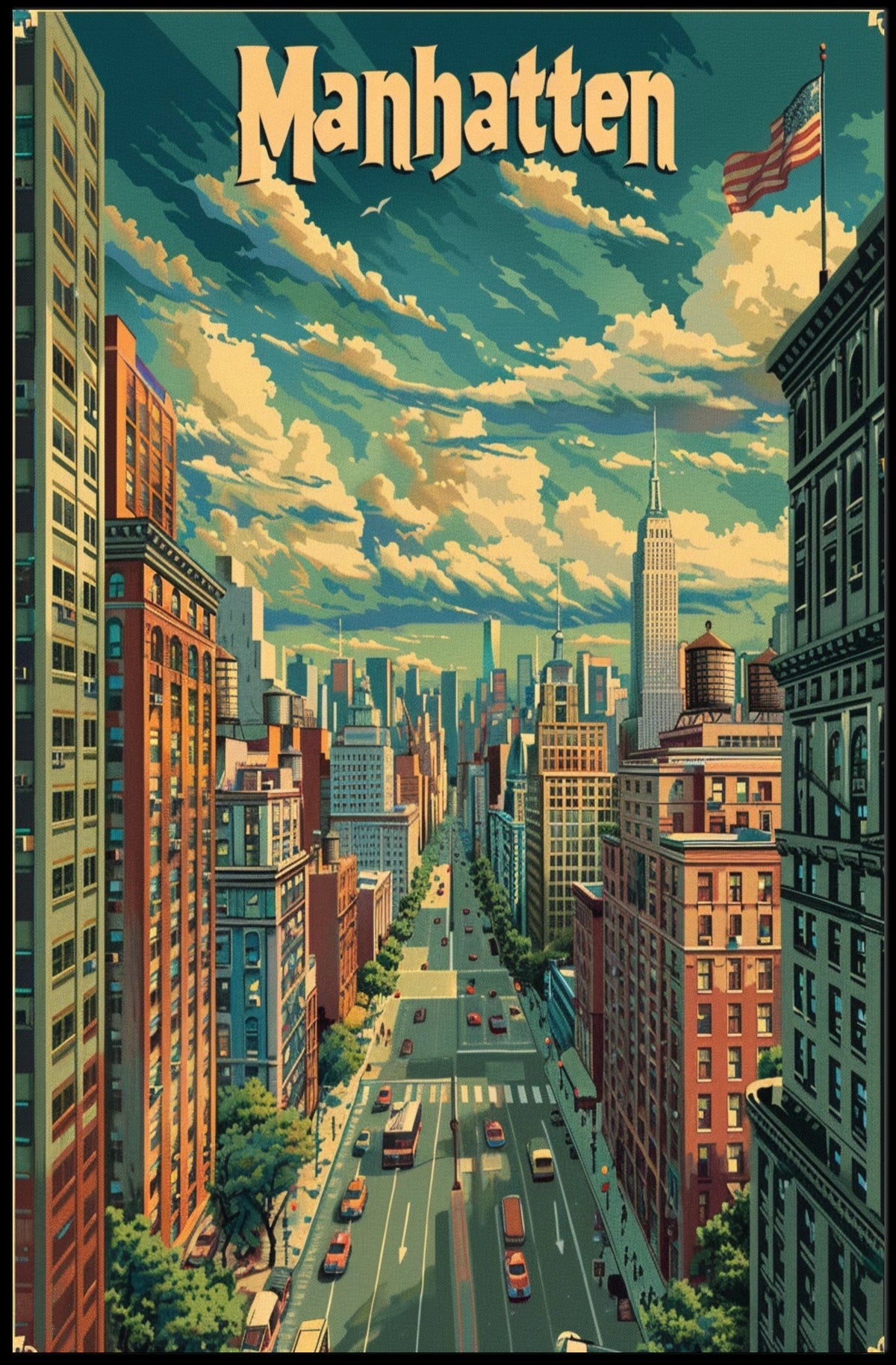 Manhattan Skyline Cityscape Poster Vintage Wall Art