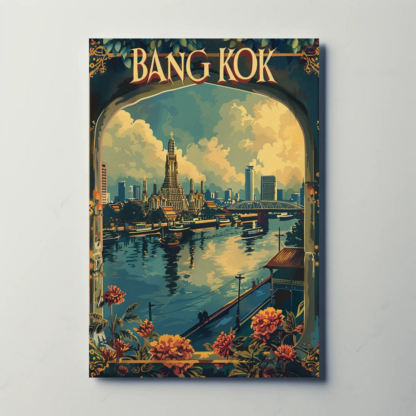 Bangkok Wat Arun Flowers Riverside City Thailand Travel Poster