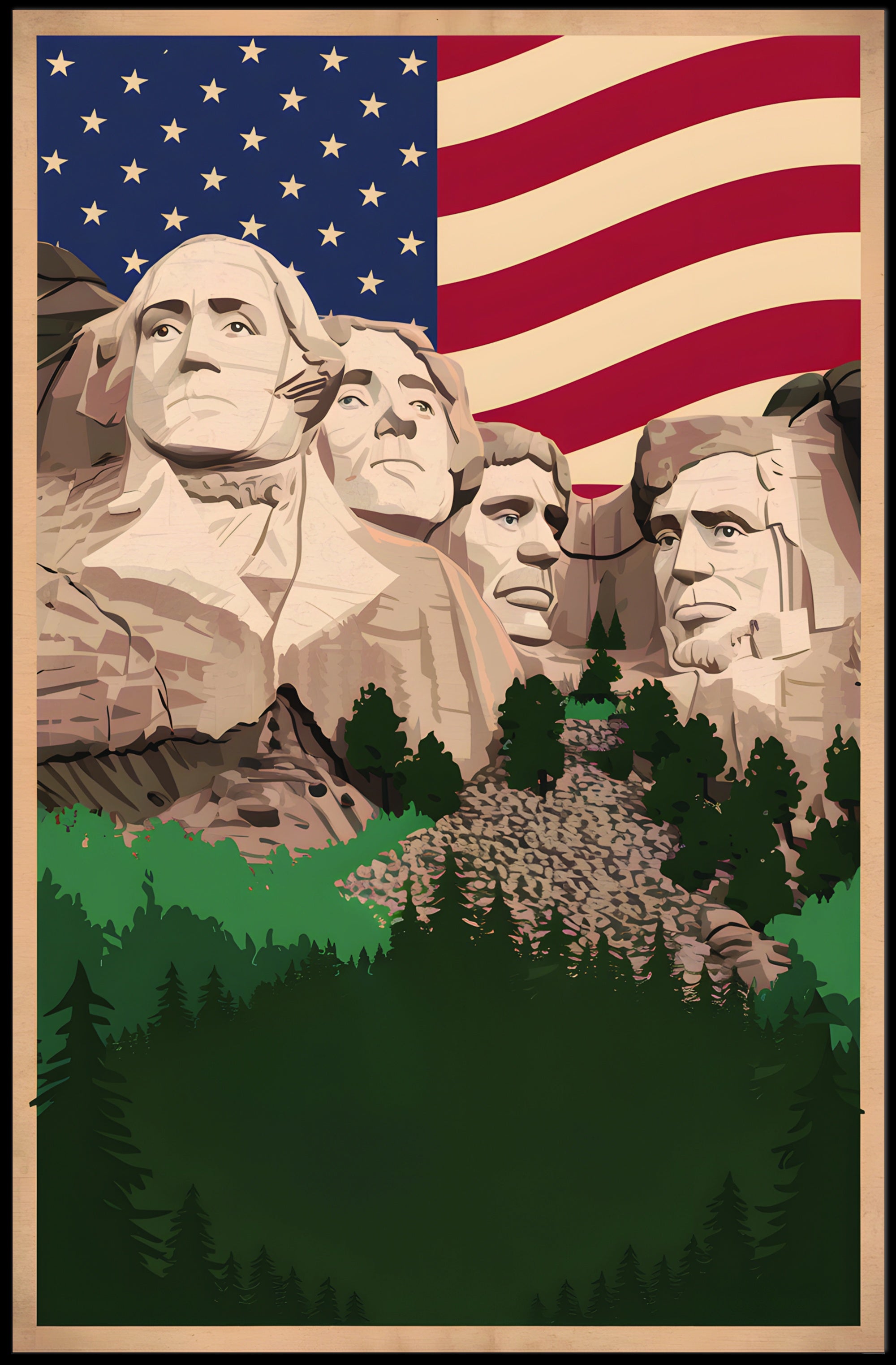 Mount Rushmore and the American Flag Poster