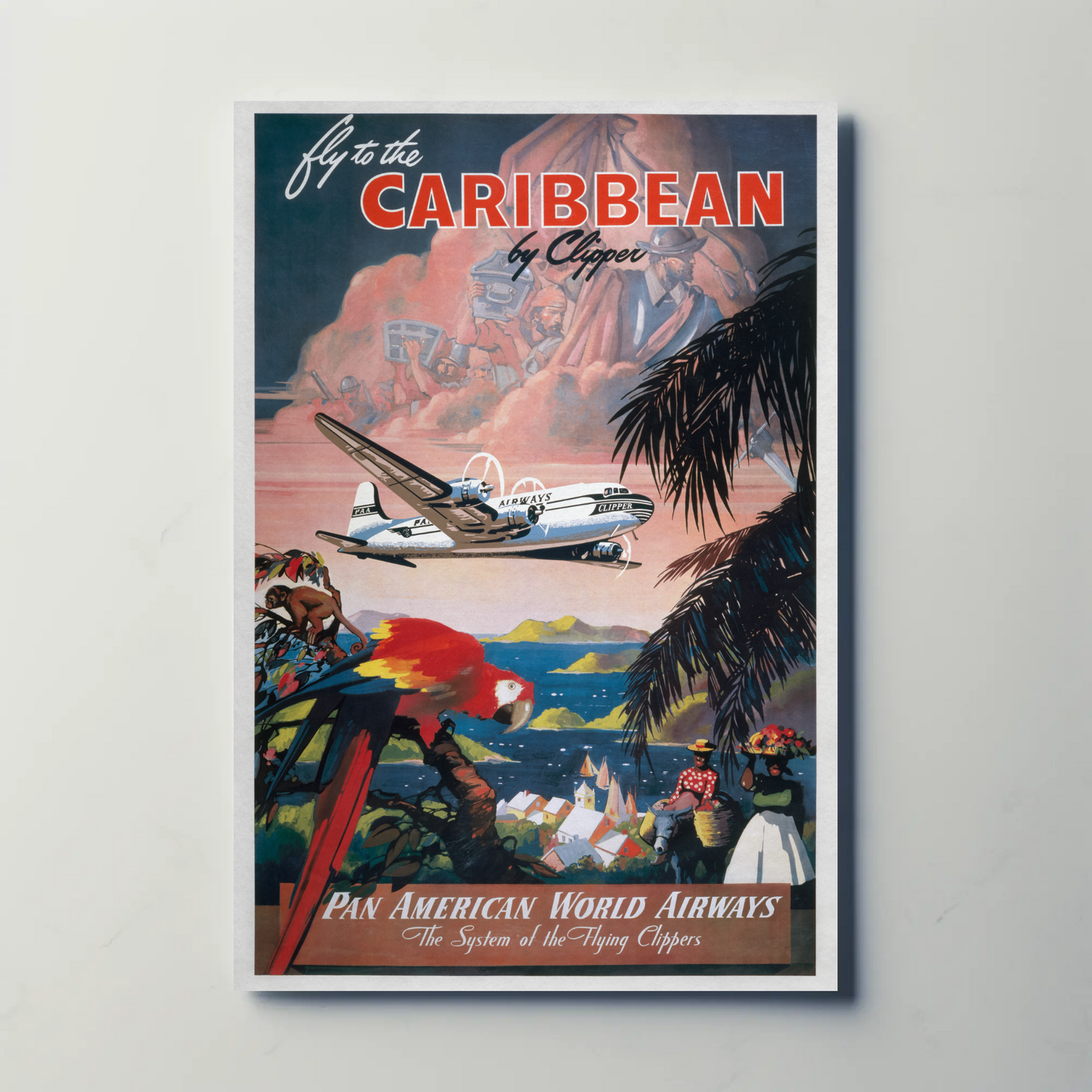 1940s Fly to the Caribbean Vintage Style Tropical Travel Poster