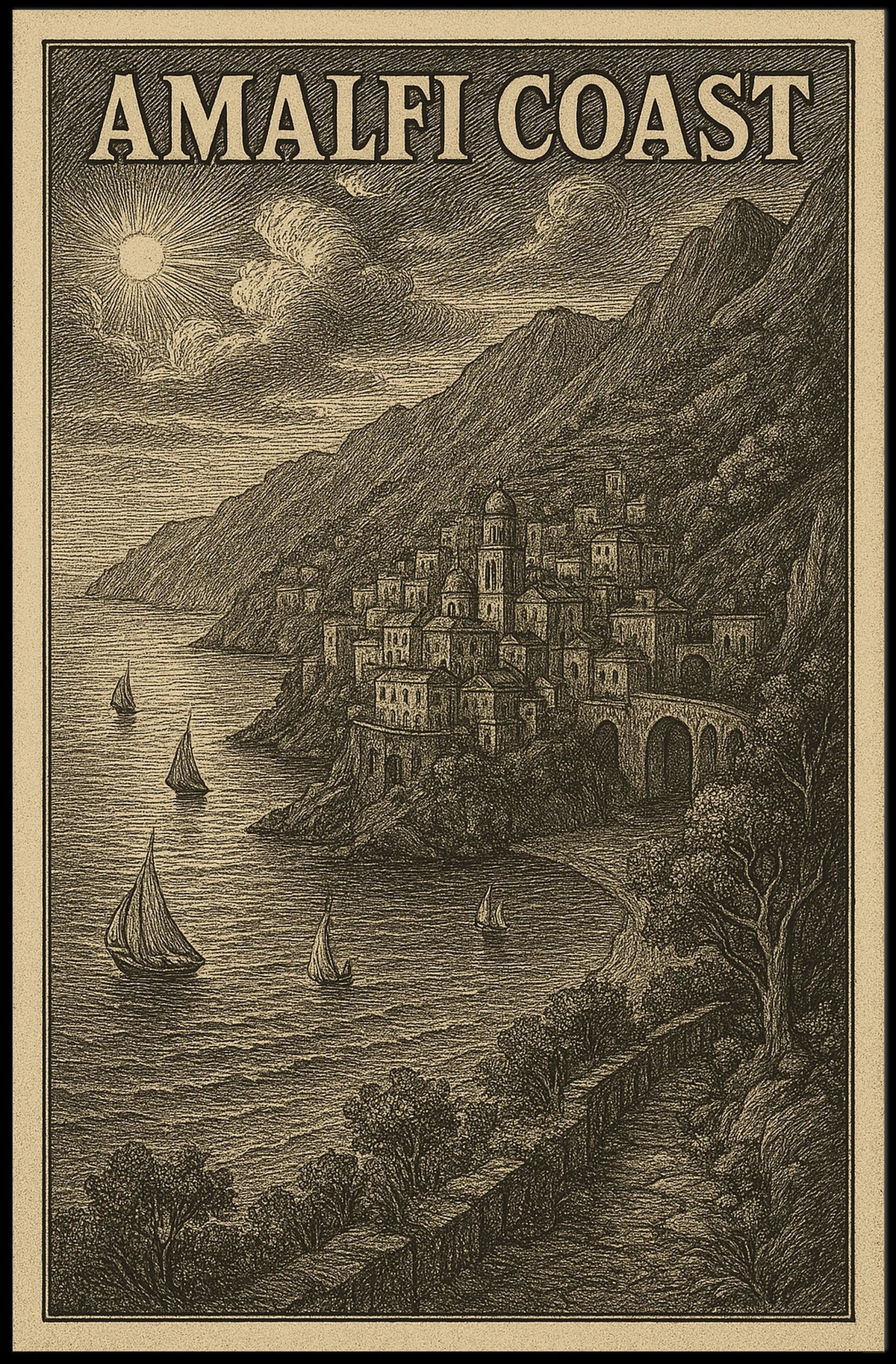 Amalfi Coast Vintage Illustration Poster