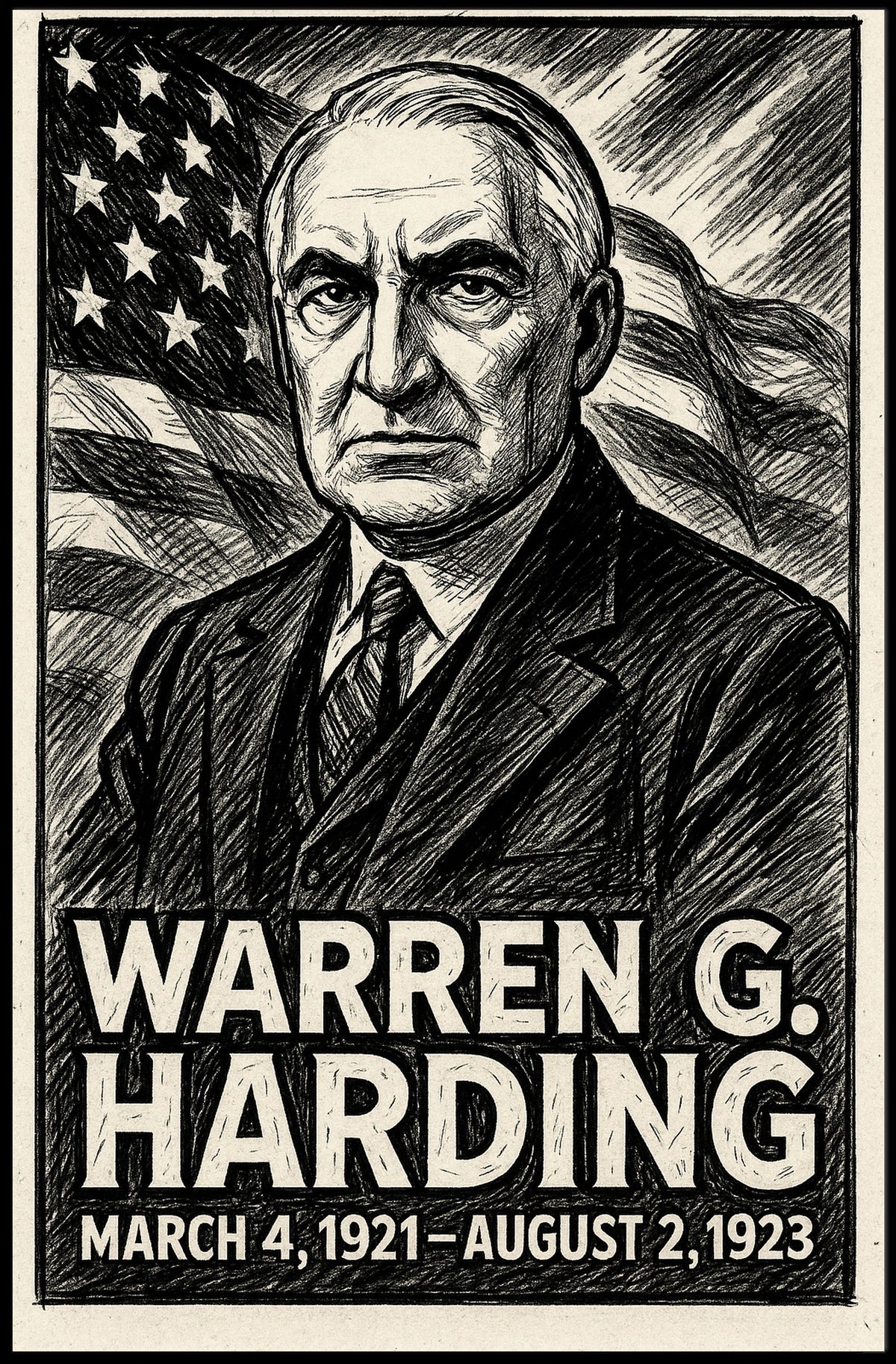 Warren G. Harding 29th President of the United States B & W Comic Sketch Poster