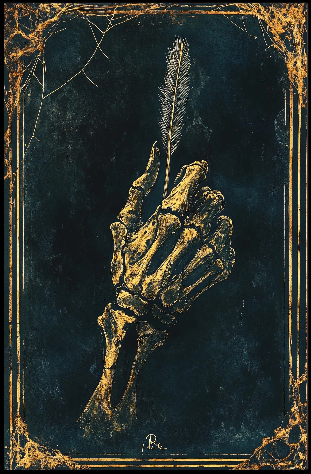 Skeletal Hand Feather Quill Artistic Gothic Style Poster