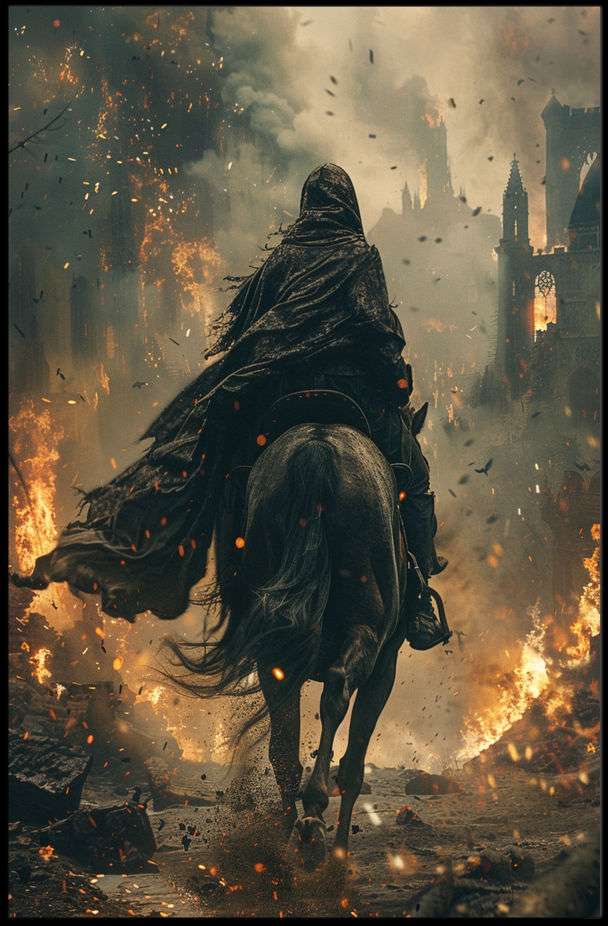 Medieval Rider in Flames Fantasy Mythology Poster PosterGoat