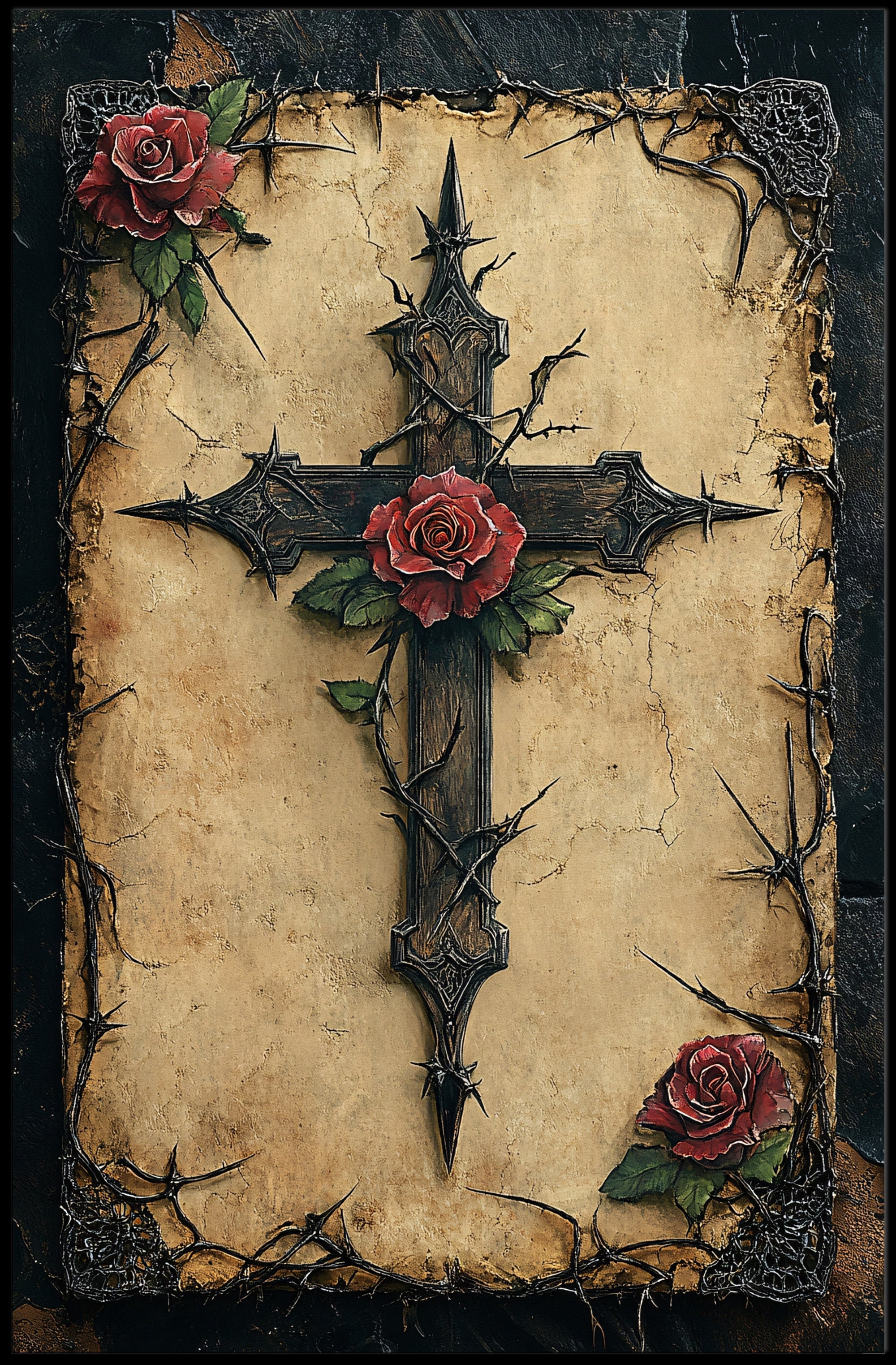 Thorned Cross And Roses Poster