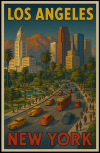 Los Angeles to New York City Poster Vintage Wall Art