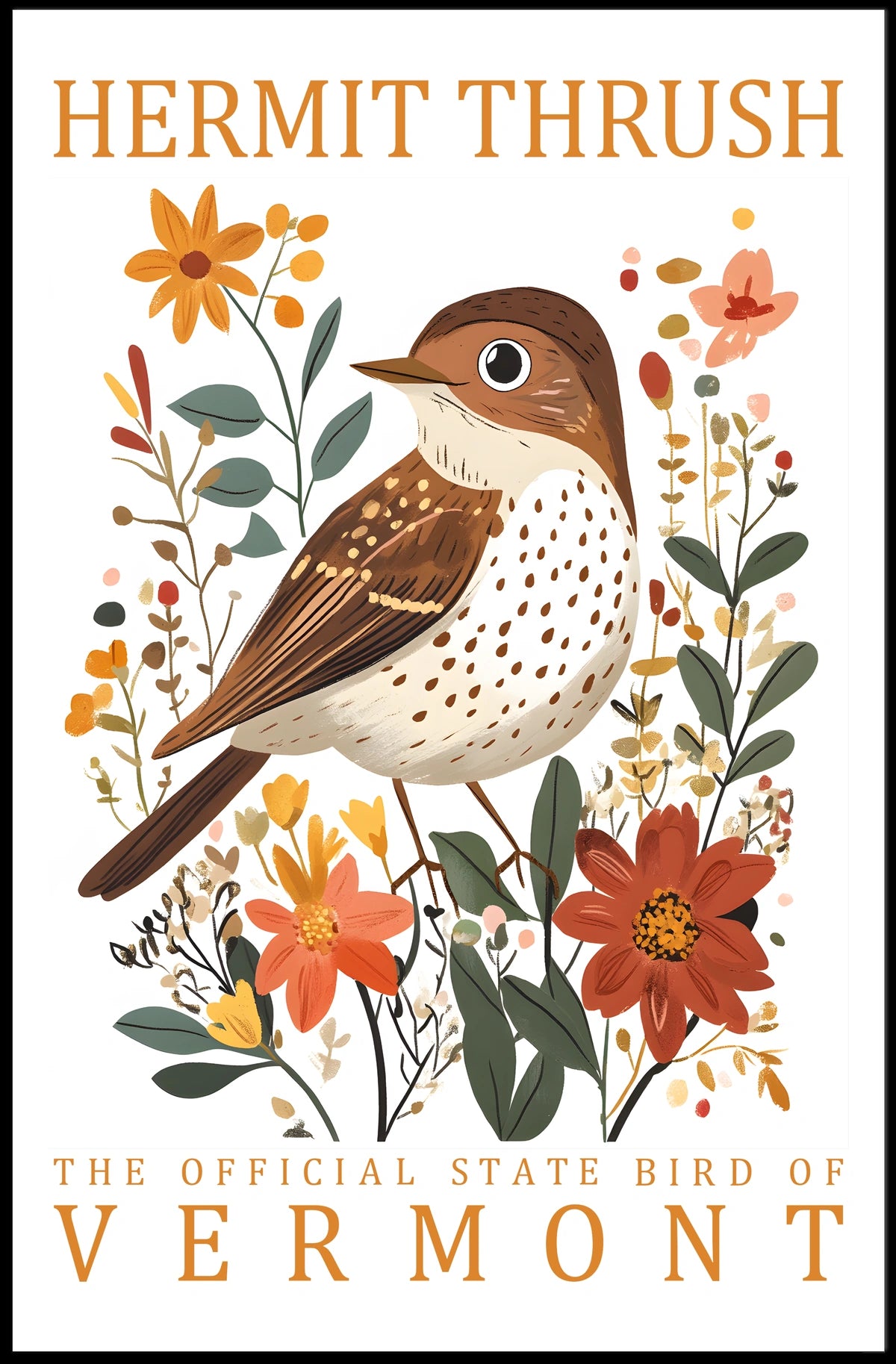 Vermont Hermit Thrush Nature Art Poster Print
