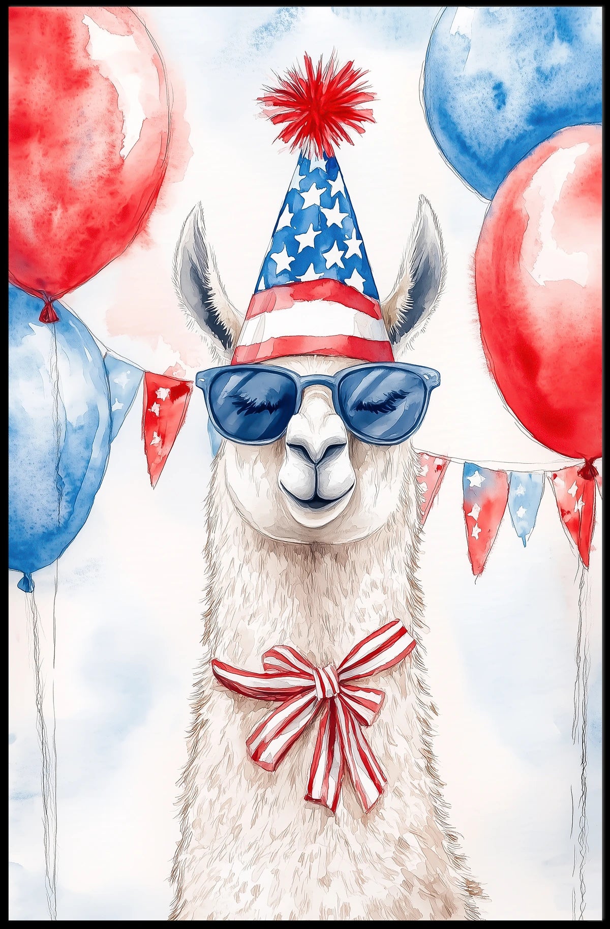 Playful watercolor of a llama wearing a stars and stripes hat and sunglasses standing in front of bunting and balloons in red white and blue Poster