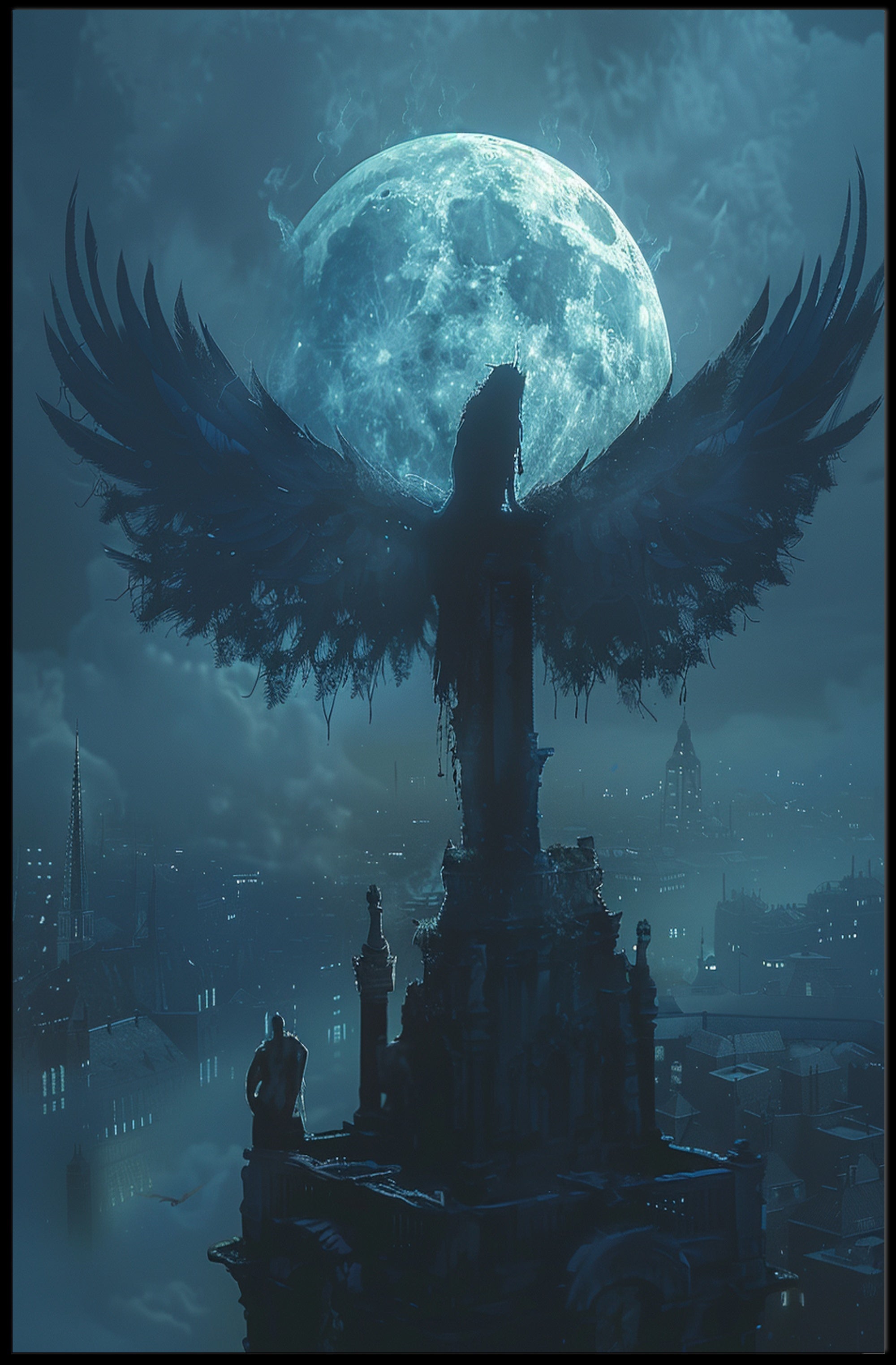 Ethereal Gothic Cityscape with Winged Silhouette Fantasy Poster