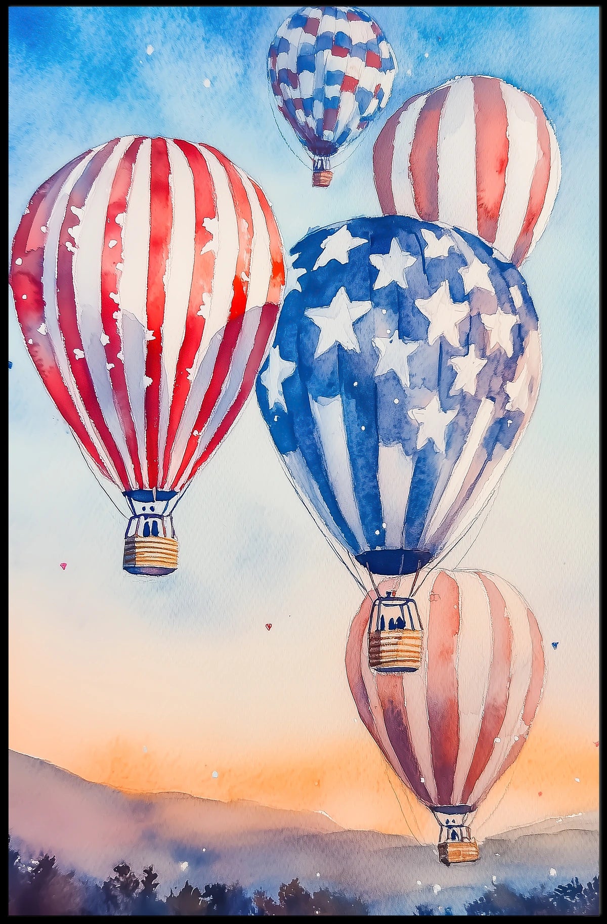 Watercolor Skyline Overhead Hot Air Balloon Festival Poster