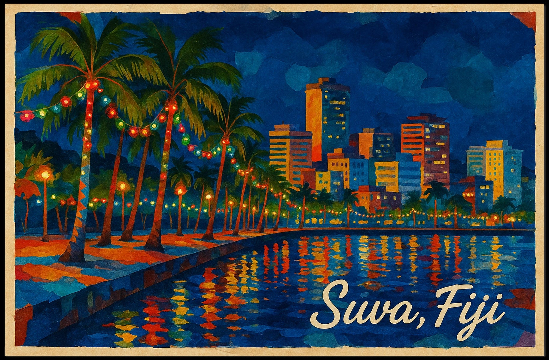 Suva, Fiji Nighttime Cityscape Poster