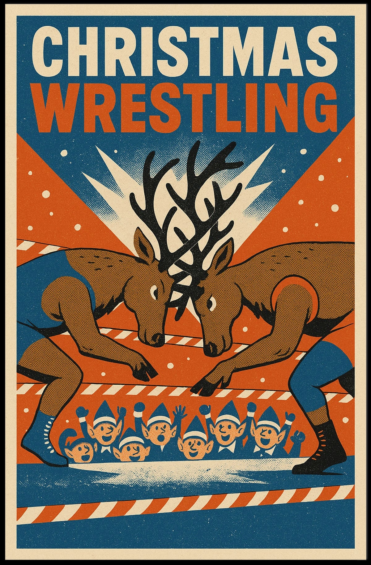 Christmas Wrestling Reindeer Vintage Holiday Poster Art