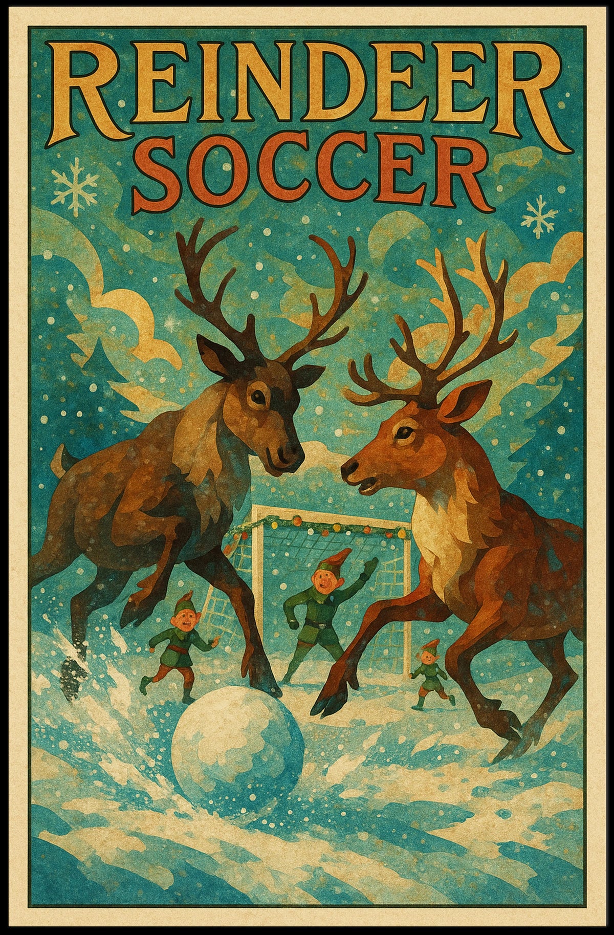 Reindeer Soccer: Whimsical Winter Fantasy Art Poster